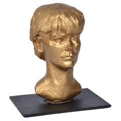 Sendelbach Signed Gold Painted Clay Bust of Young Boy on Slate Base