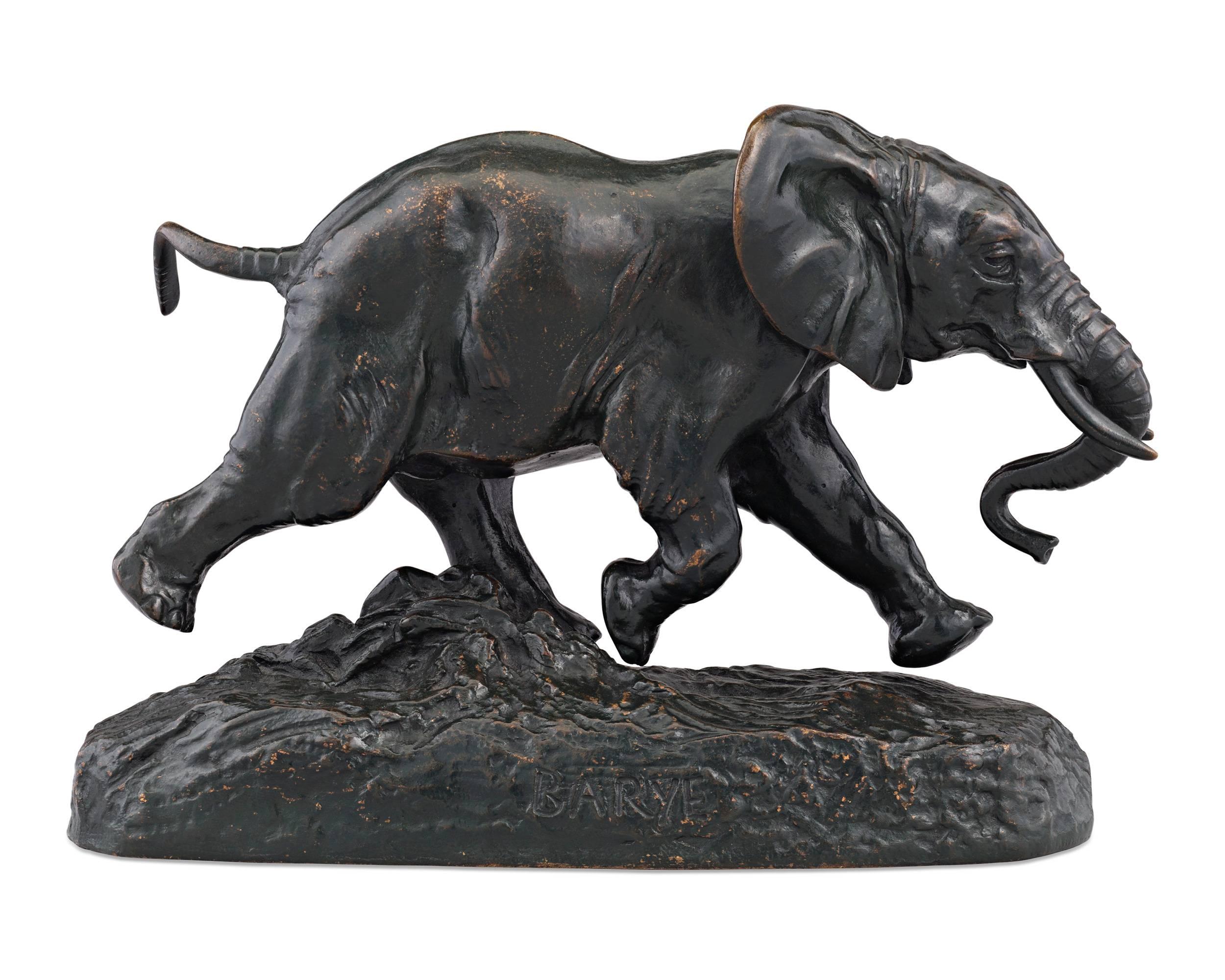 This important bronze sculpture of an African elephant by Romantic artist Antoine-Louis Barye (1796-1875) displays the remarkable realism for which Barye is best remembered. Entitled Senegalese Elephant Barye's interpretation of this majestic