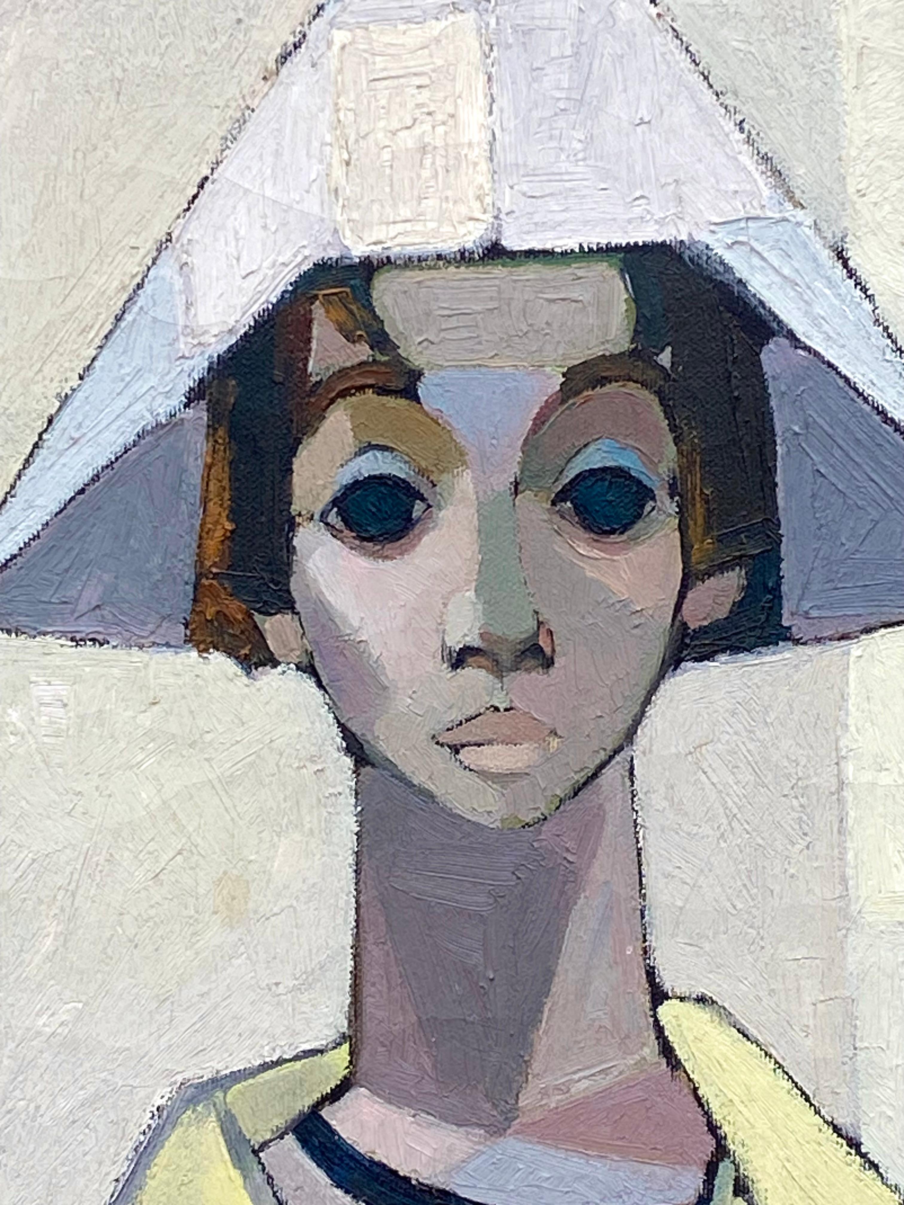 Dipinto originale ad olio su tela dell'artista spagnola Senen Ubina raffigurante un giovane clown con un flauto. Firmato in basso a destra dall'artista e datato 1956. Etichetta parziale in carta con artista e titolo attaccata alla cornice in basso a