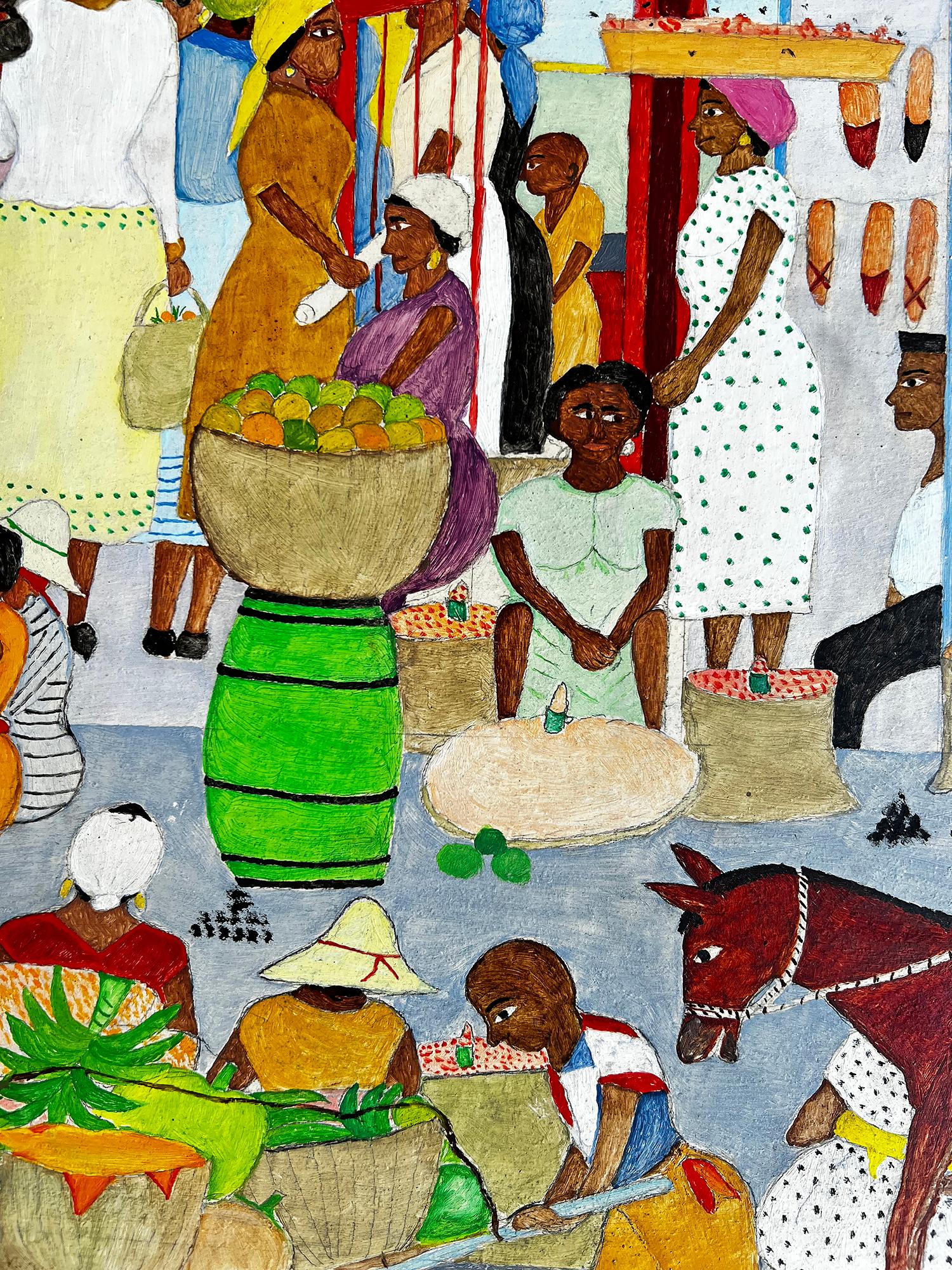 A bustling street scene of everyday life in front of the famed Marché in Cap-Haïtien is rendered in Sénèque This is a relatively early work by Obin's signature brightly colored and flat naive style. 
Signed lower right. 
Provenance: Galerie Issa -