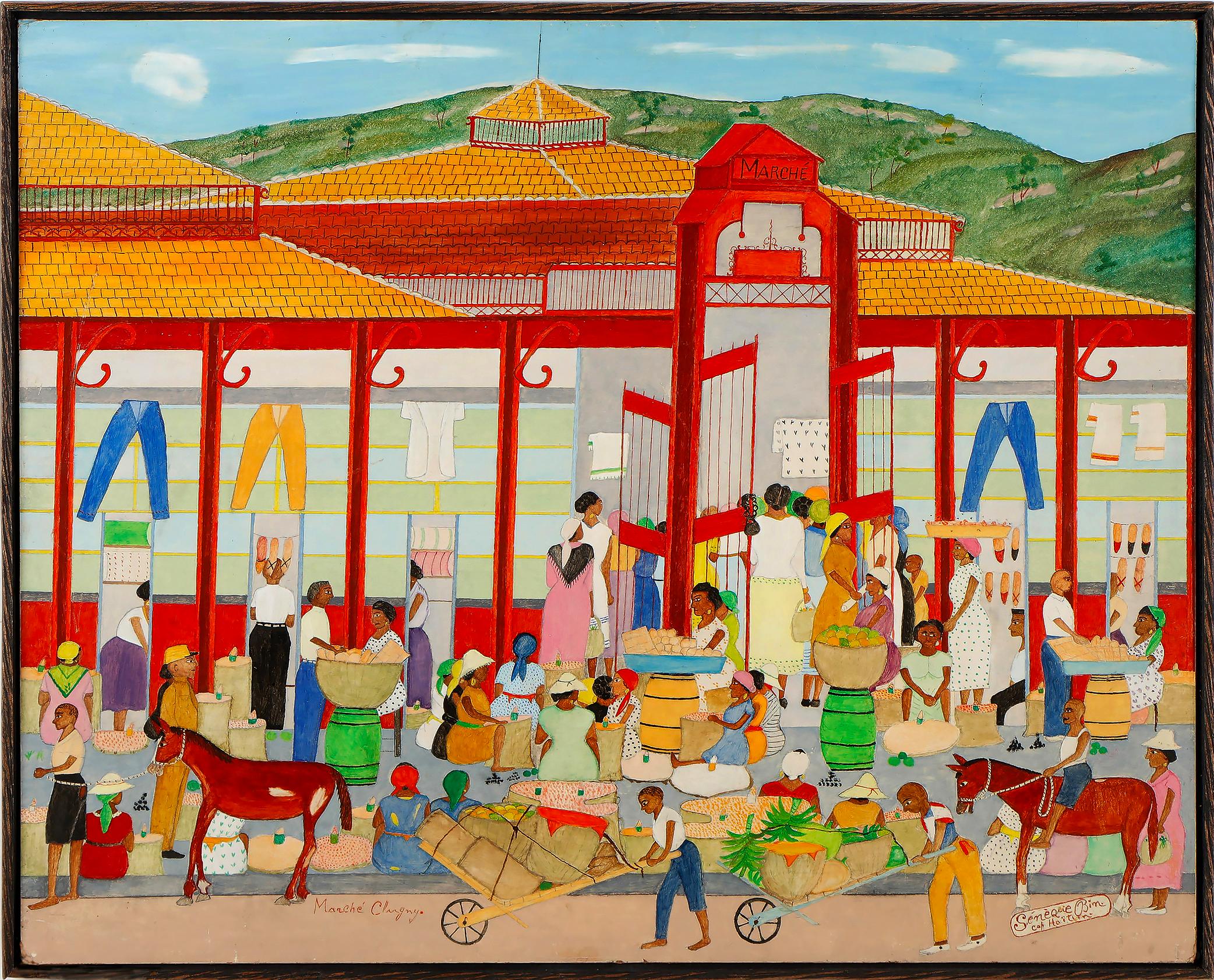 Sénèque Obin Figurative Painting – Marché Cluny  - Markt bei Cap-Haitien  - Haitianische Straßenkunst 