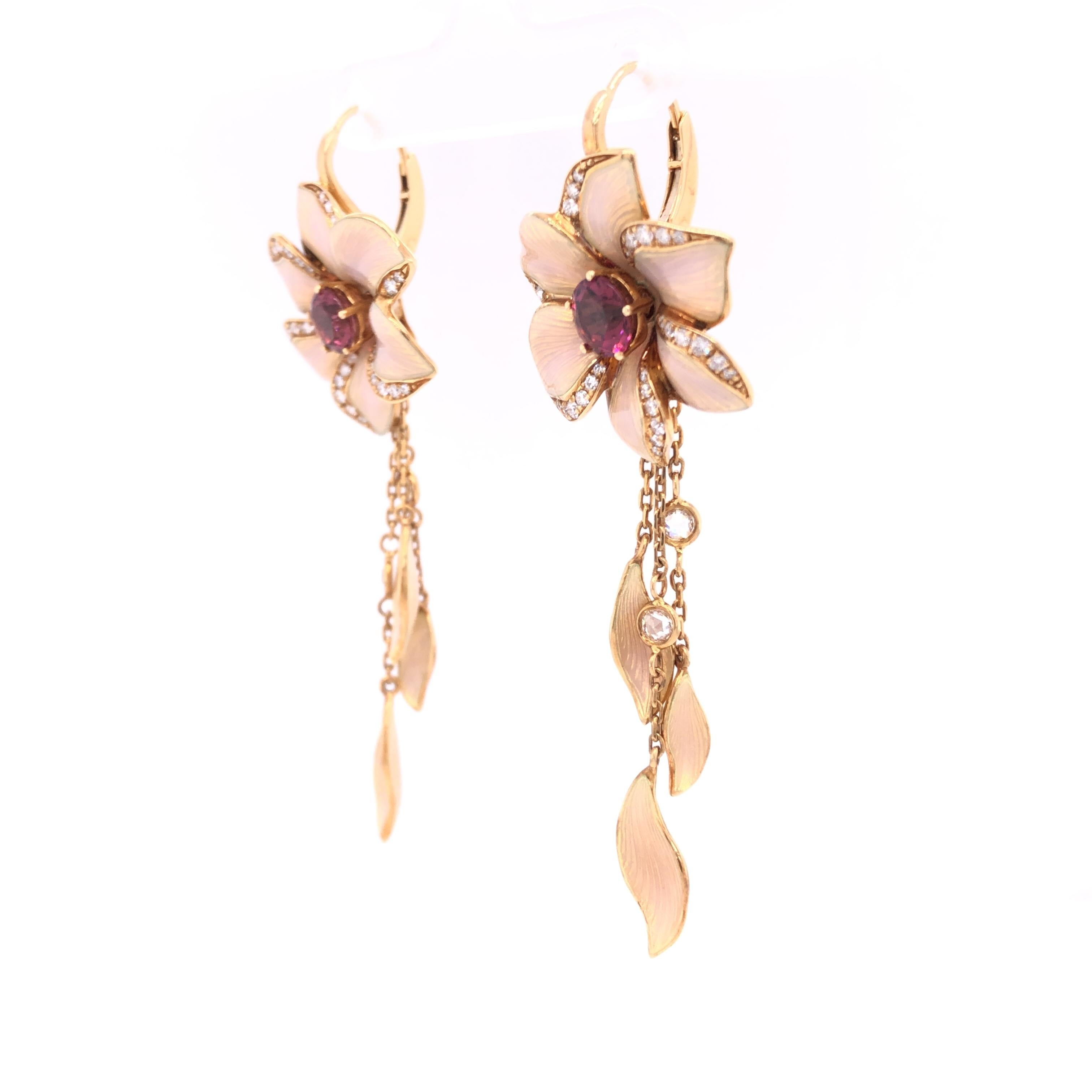 Women's Senerade Earrings, 18k Yellow Gold, Opalescent Pink Enamel 62 Diamonds 0.74 Ct For Sale