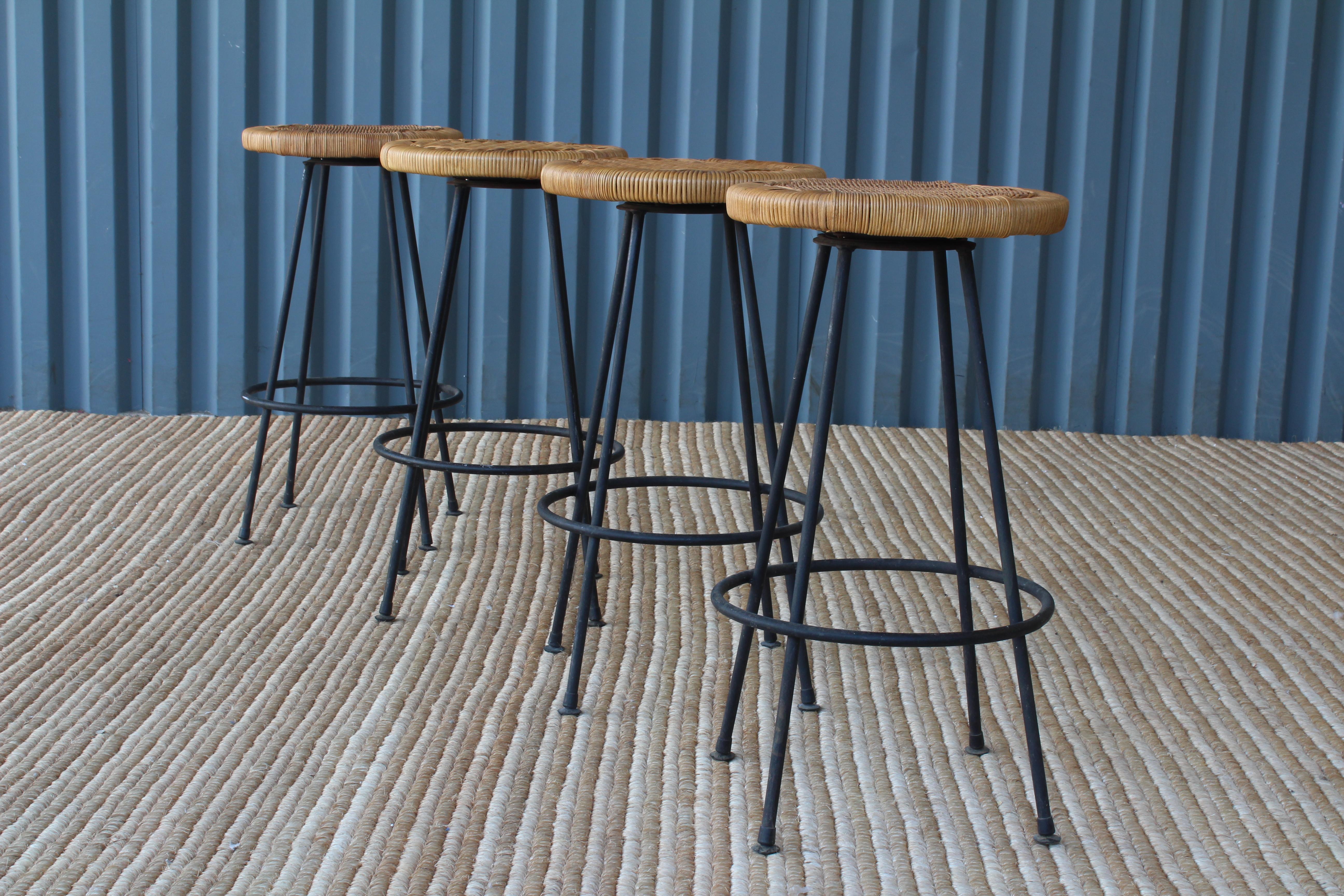 Hand-Woven Seng of Chicago Iron and Rattan Barstools, 1950s