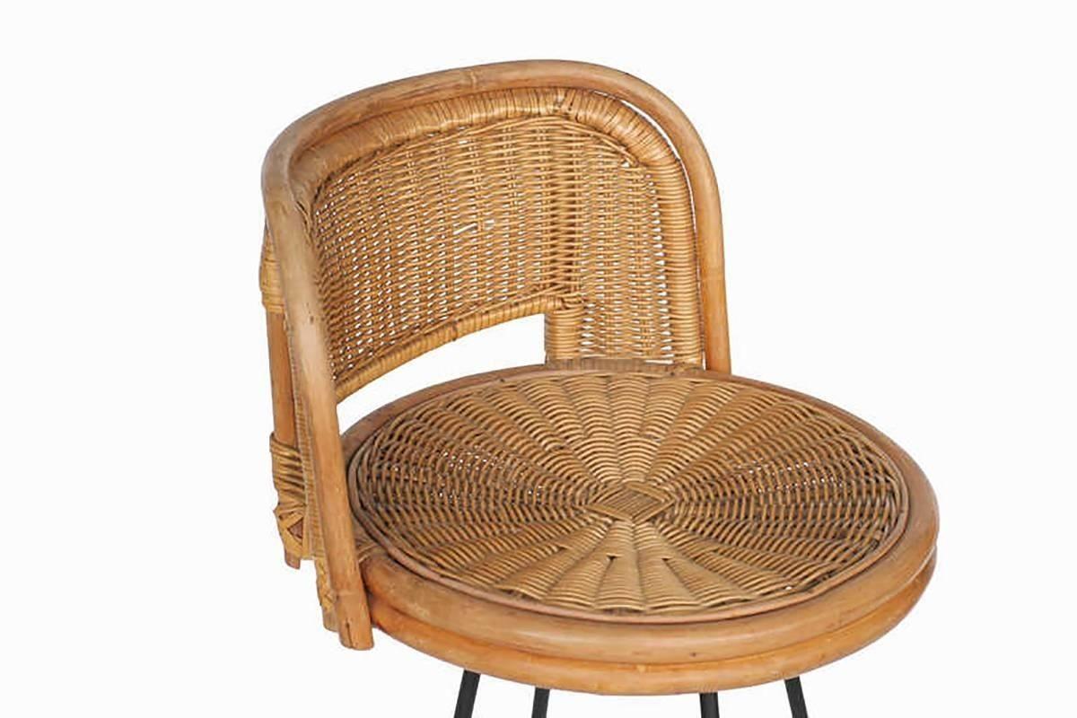 American Seng of Chicago Swivel Wicker and Iron Bar Stools, Set of 3
