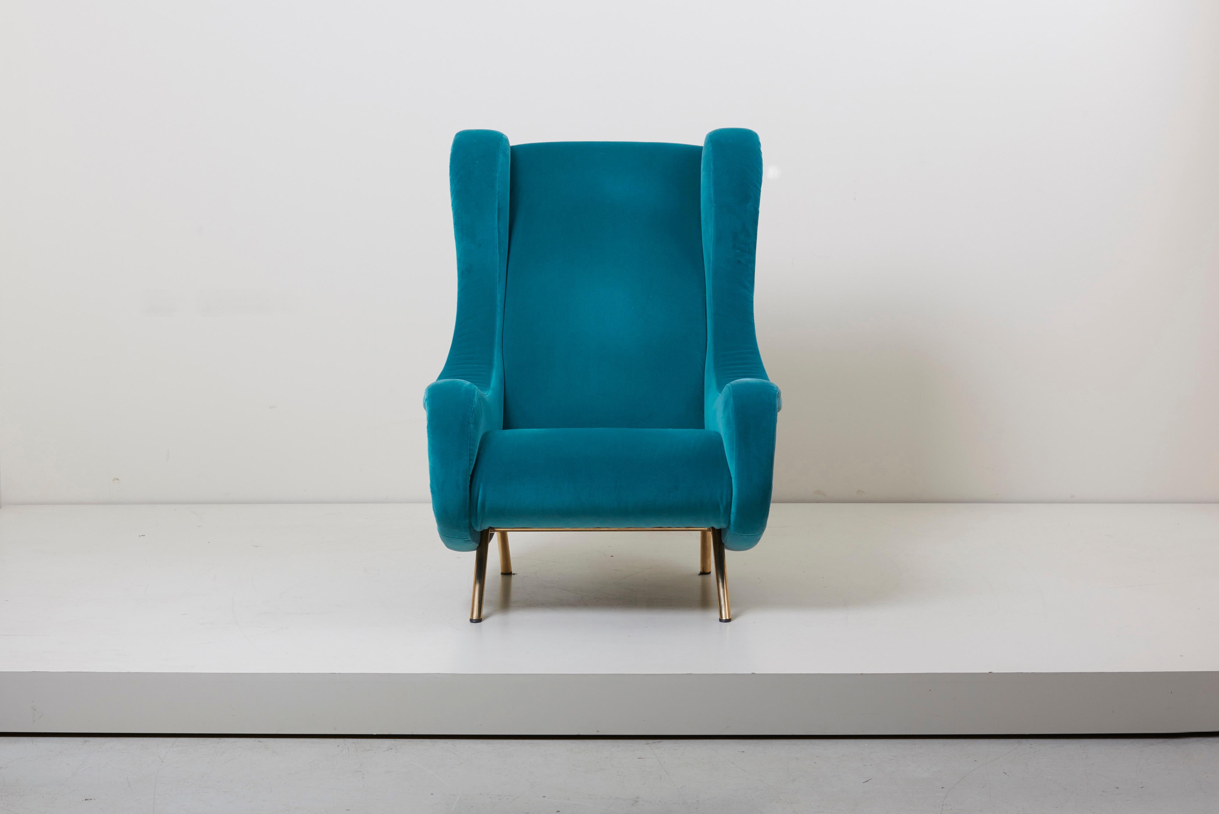 Mid-Century Modern Senior Lounge Chair in Blue Velvet by Marco Zanuso for Arflex, Italy, 1955