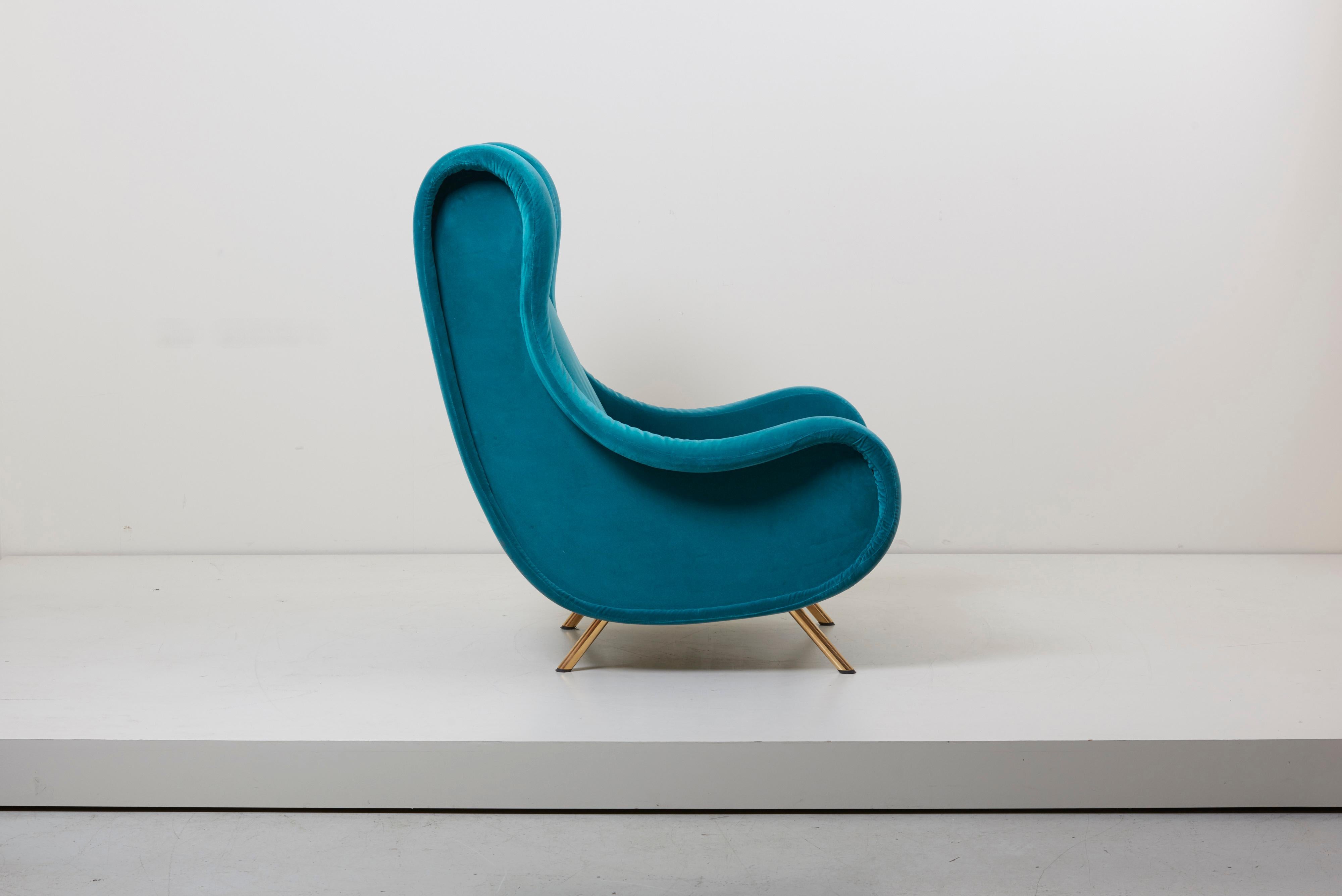 Italian Senior Lounge Chair in Blue Velvet by Marco Zanuso for Arflex, Italy, 1955