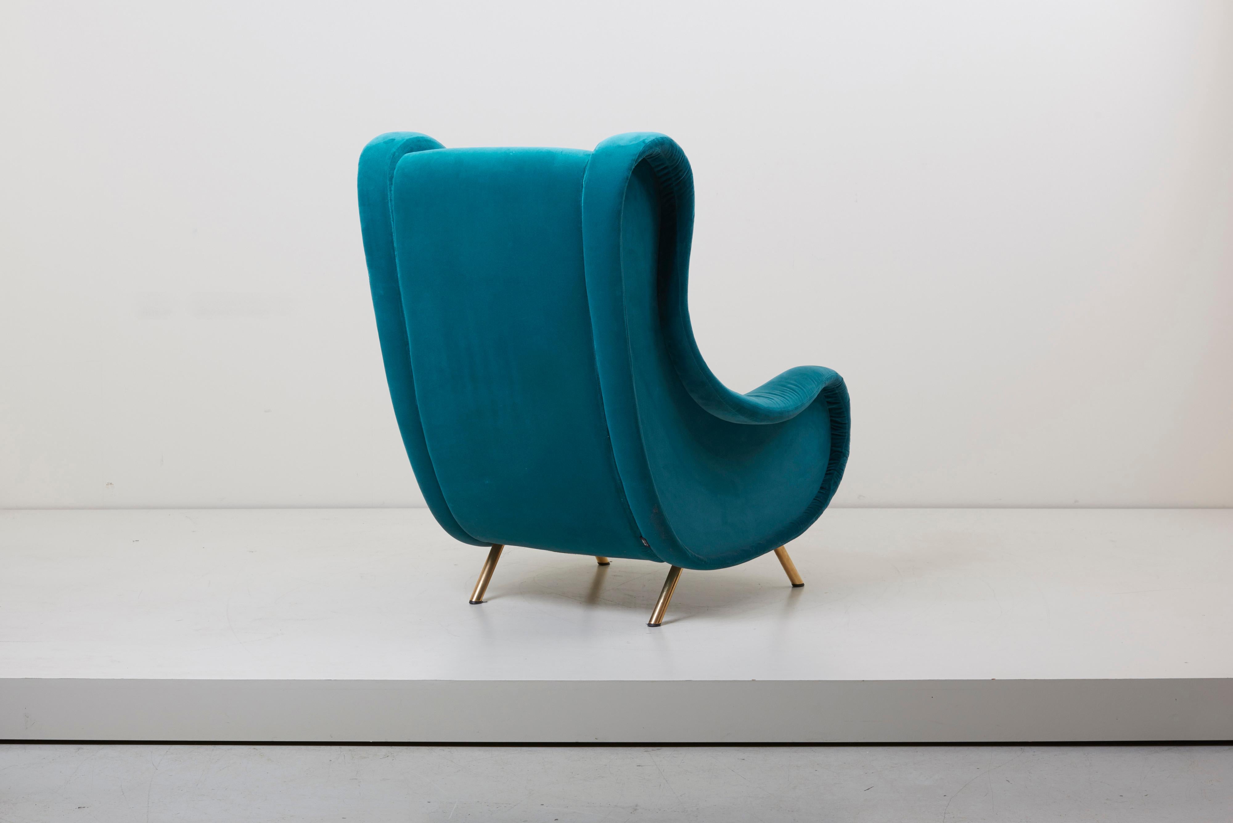 Senior Lounge Chair in Blue Velvet by Marco Zanuso for Arflex, Italy, 1955 In Good Condition In Berlin, DE