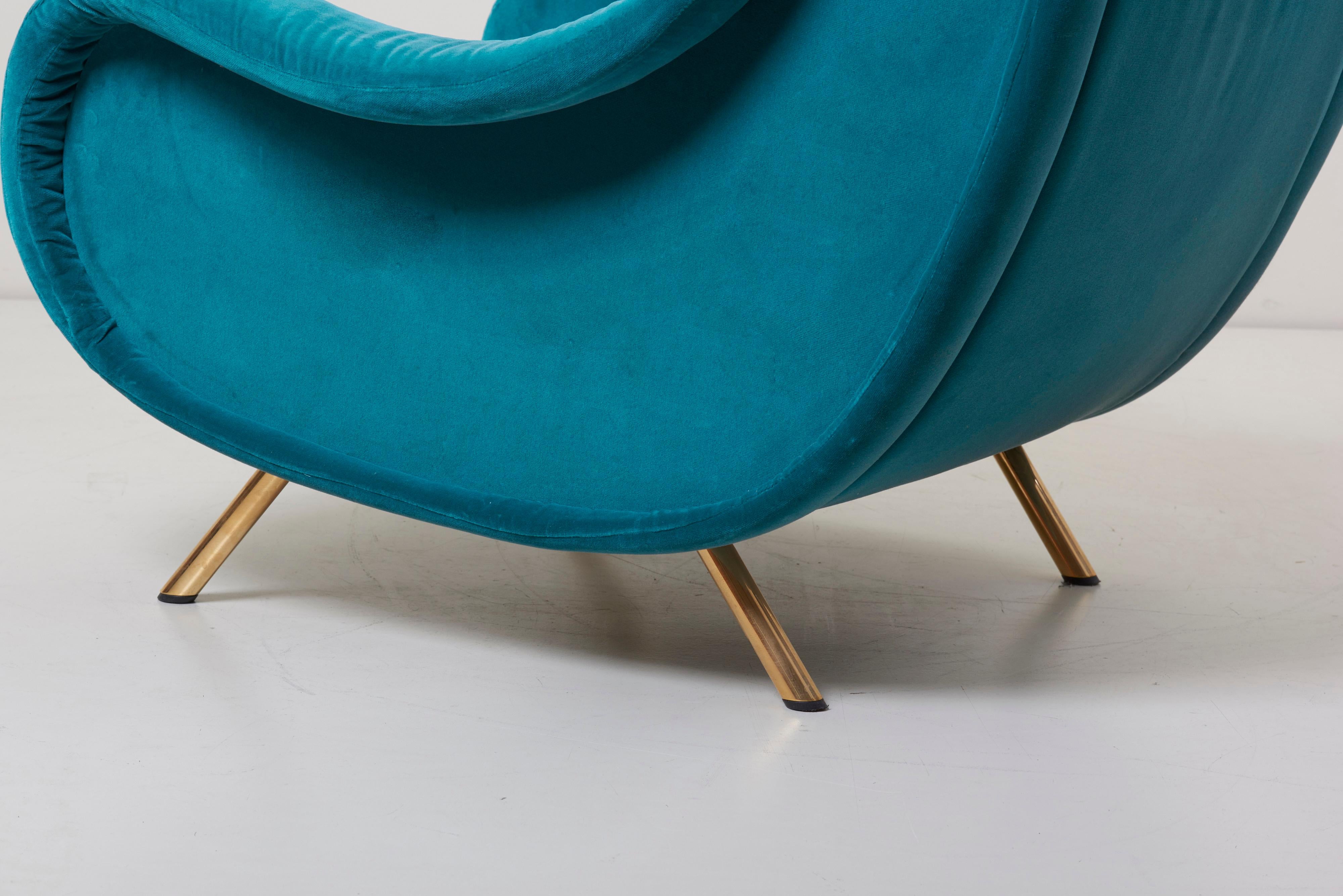 20th Century Senior Lounge Chair in Blue Velvet by Marco Zanuso for Arflex, Italy, 1955