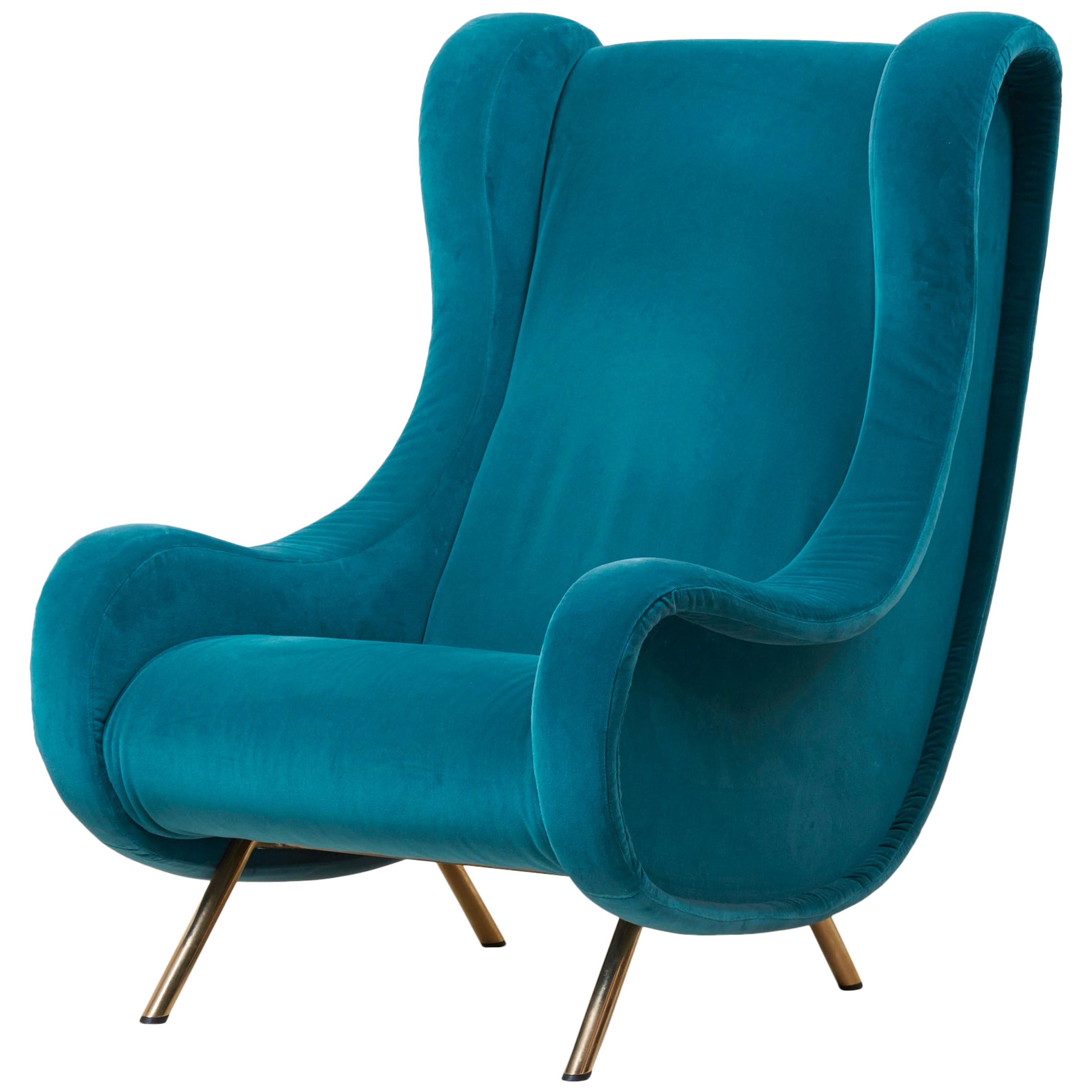 Senior Lounge Chair in Blue Velvet by Marco Zanuso for Arflex, Italy, 1955
