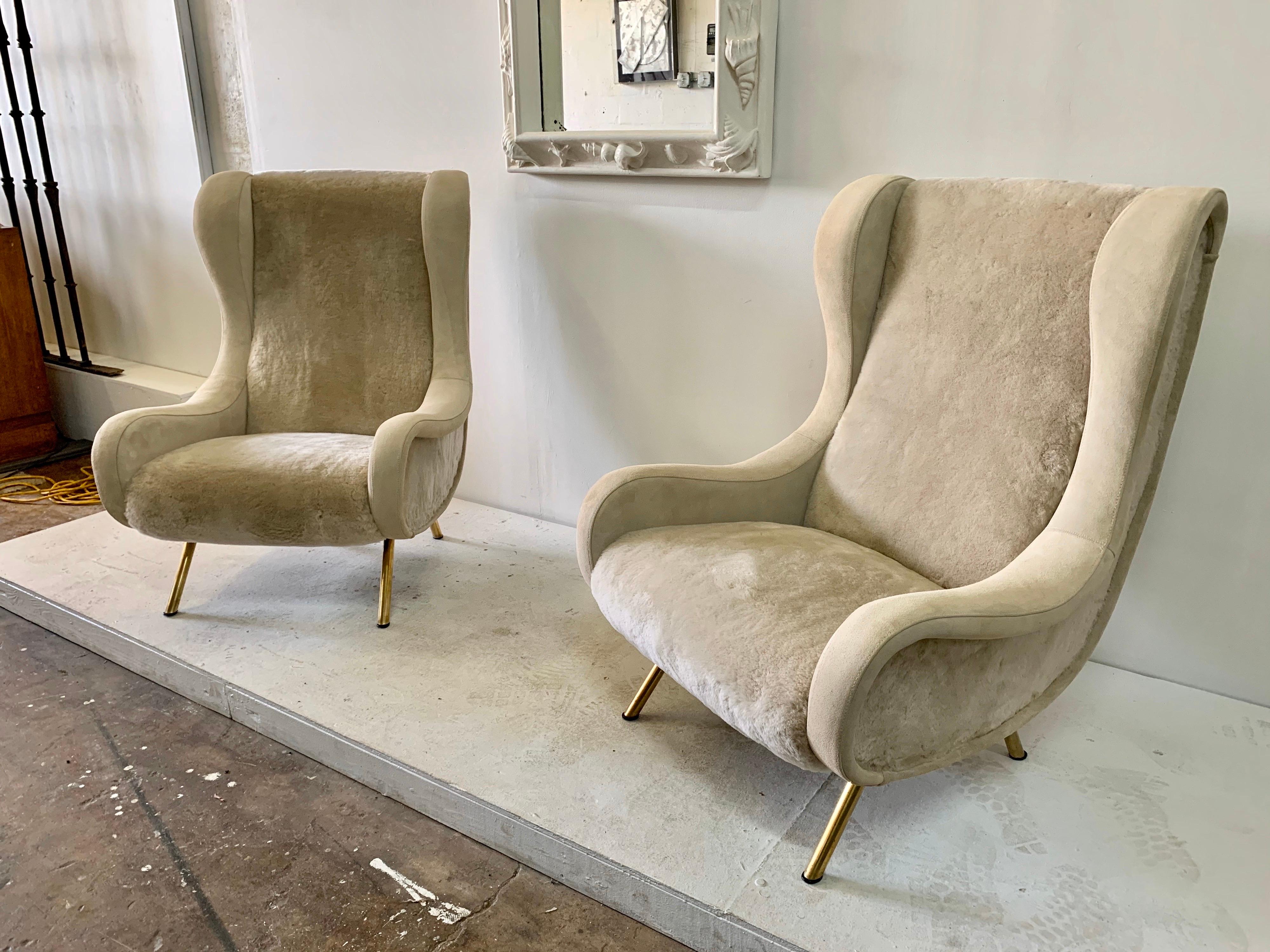 Senior Zanuso Armchairs in Shearling Wool and Suede Upholstery, Pair 8