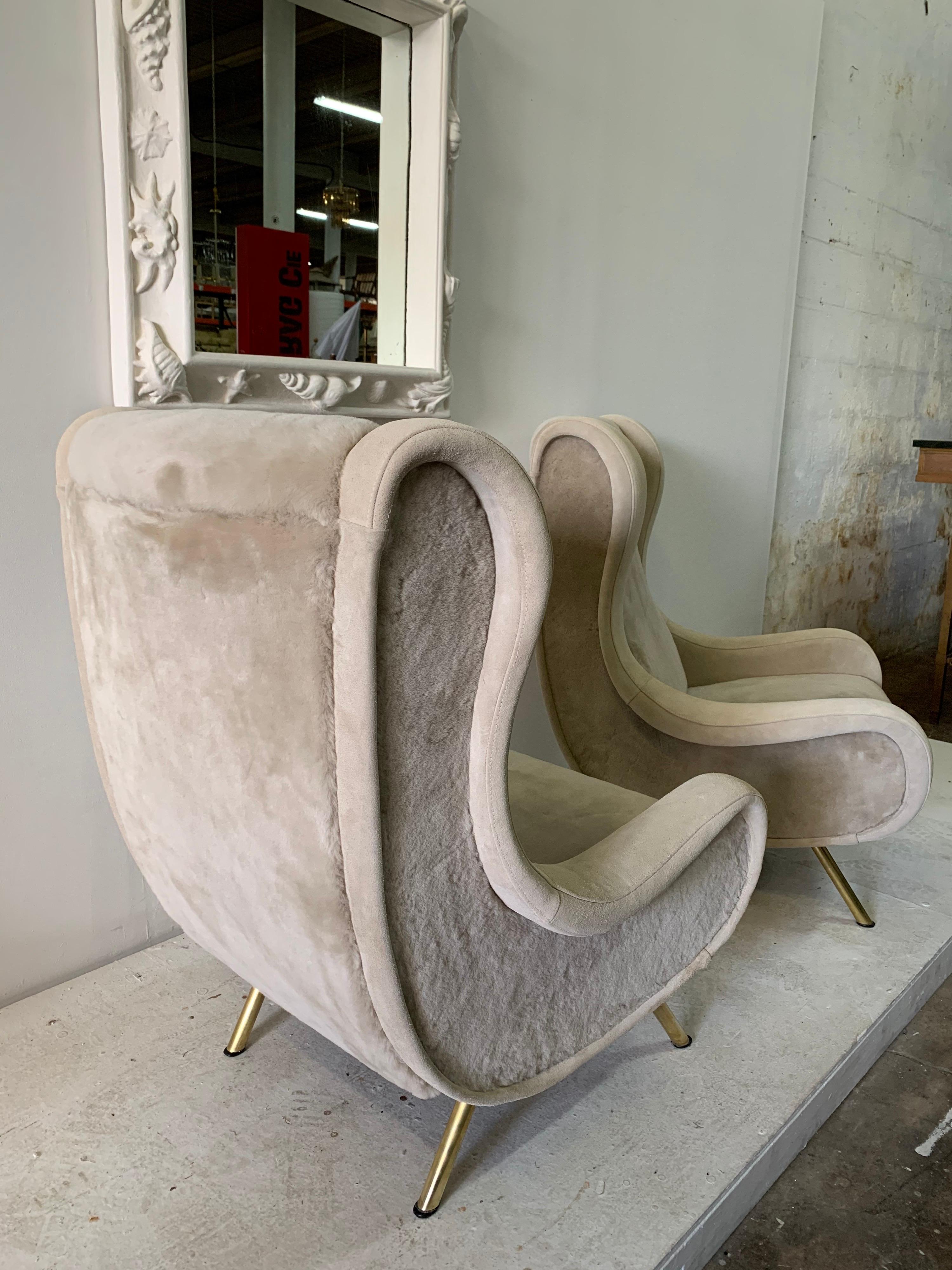 Mid-Century Modern Senior Zanuso Armchairs in Shearling Wool and Suede Upholstery, Pair