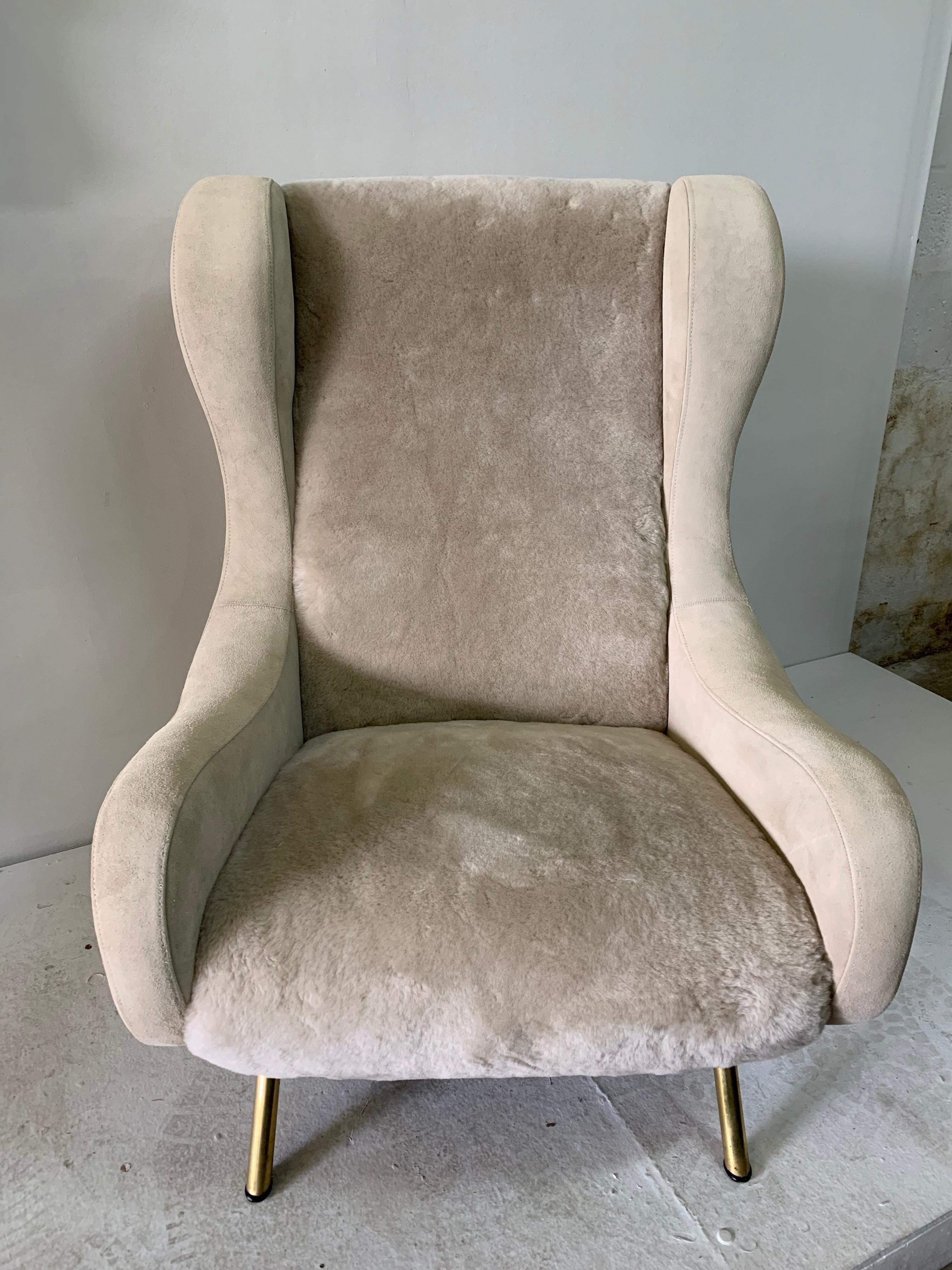 Senior Zanuso Armchairs in Shearling Wool and Suede Upholstery, Pair 1