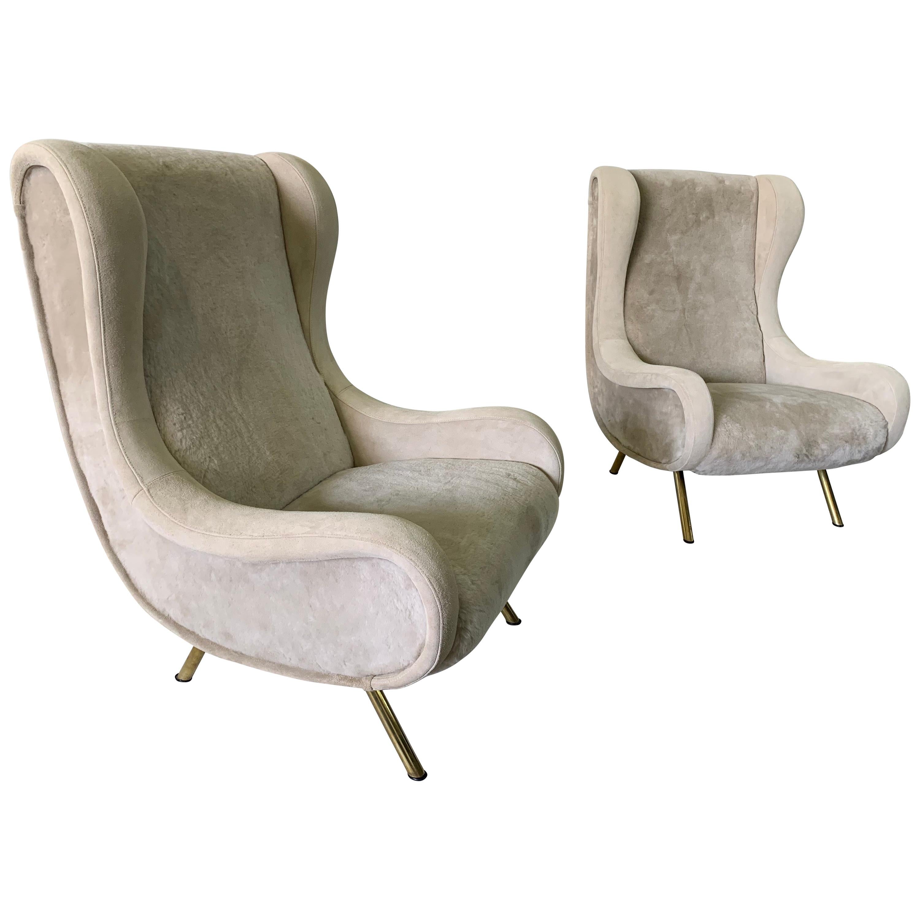 Senior Zanuso Armchairs in Shearling Wool and Suede Upholstery, Pair