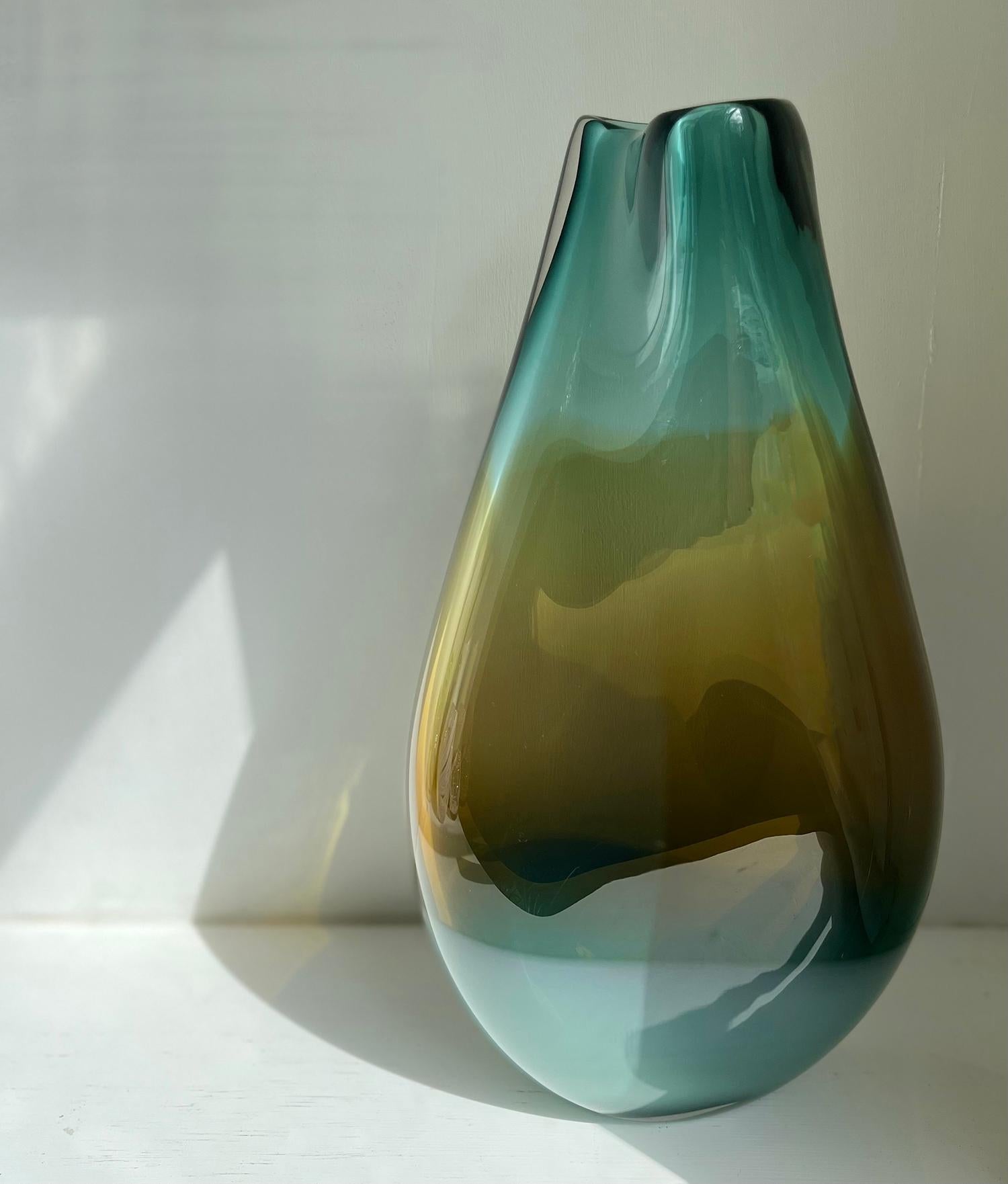 Organic Modern Sennelier Viridian Amber Ochre Glass Vessel For Sale