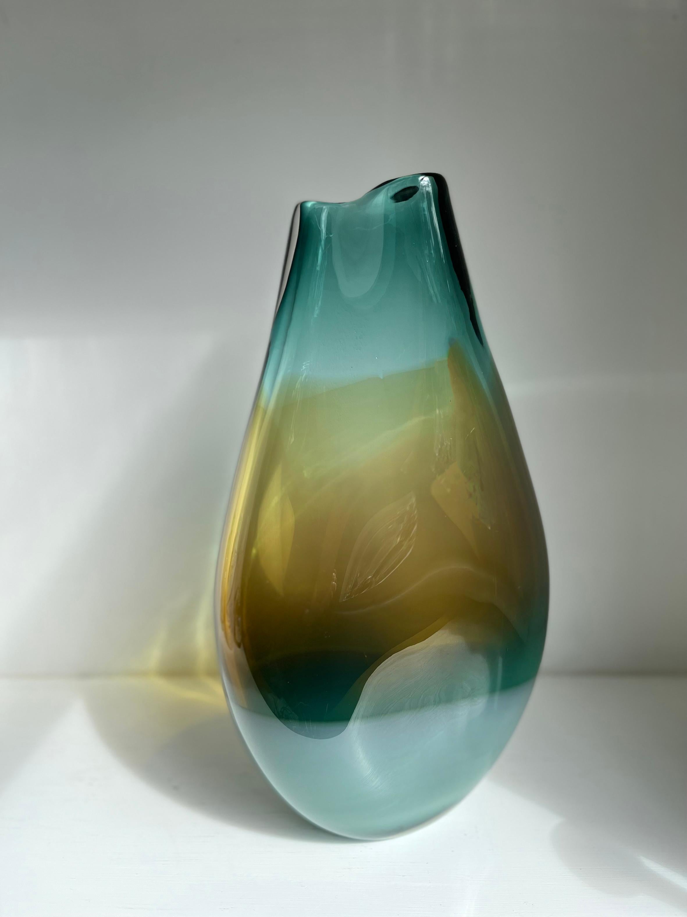 Hand-Crafted Sennelier Viridian Amber Ochre Glass Vessel For Sale