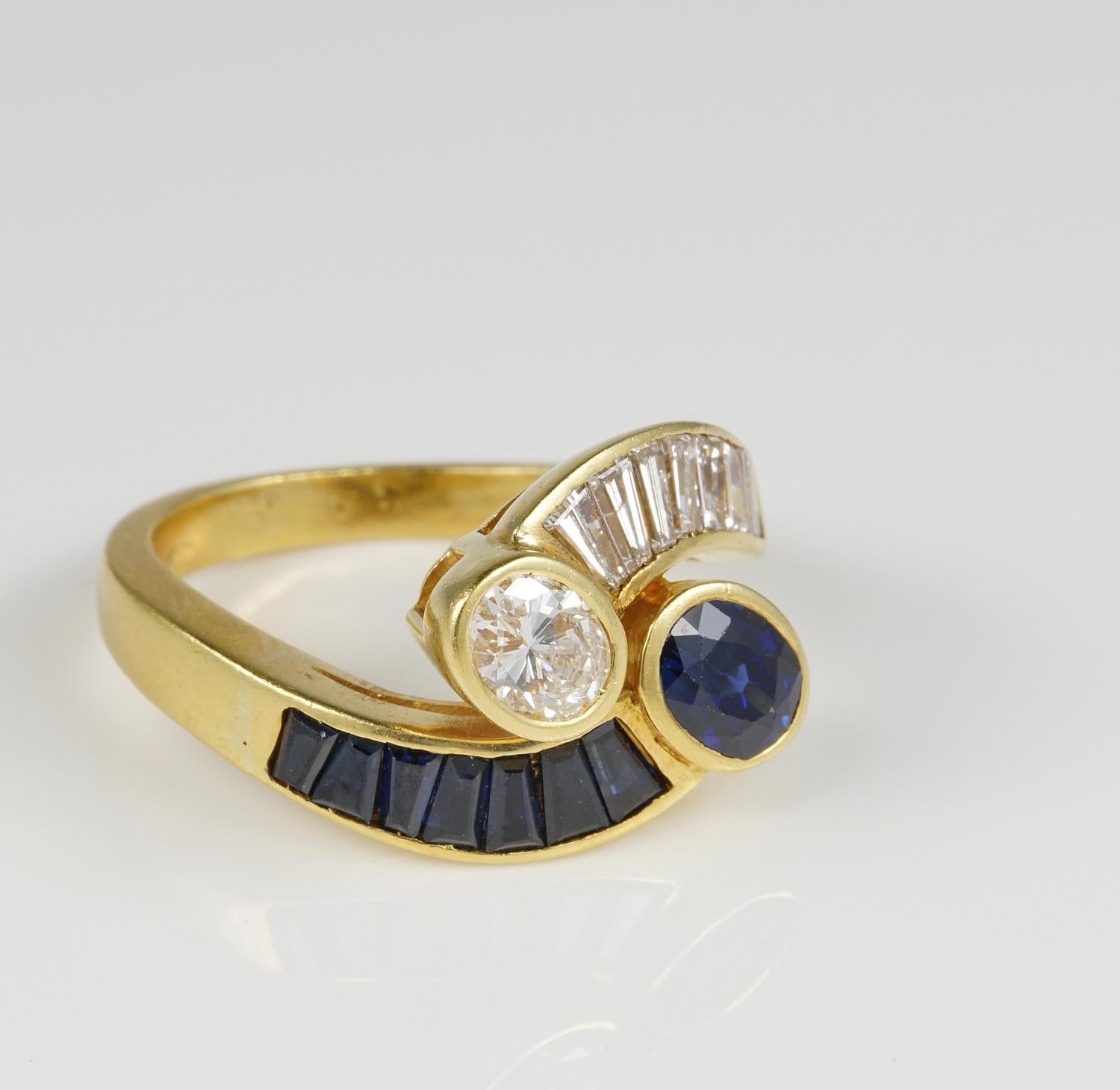 This outstanding bypass ring is superbly hand crafted as individual piece during 1960 ca. Opulent amount of extremely fine gemstones selected at the time by a master crafter to make it - 18 KT - marked with assay and maker marktferThe ring has a
