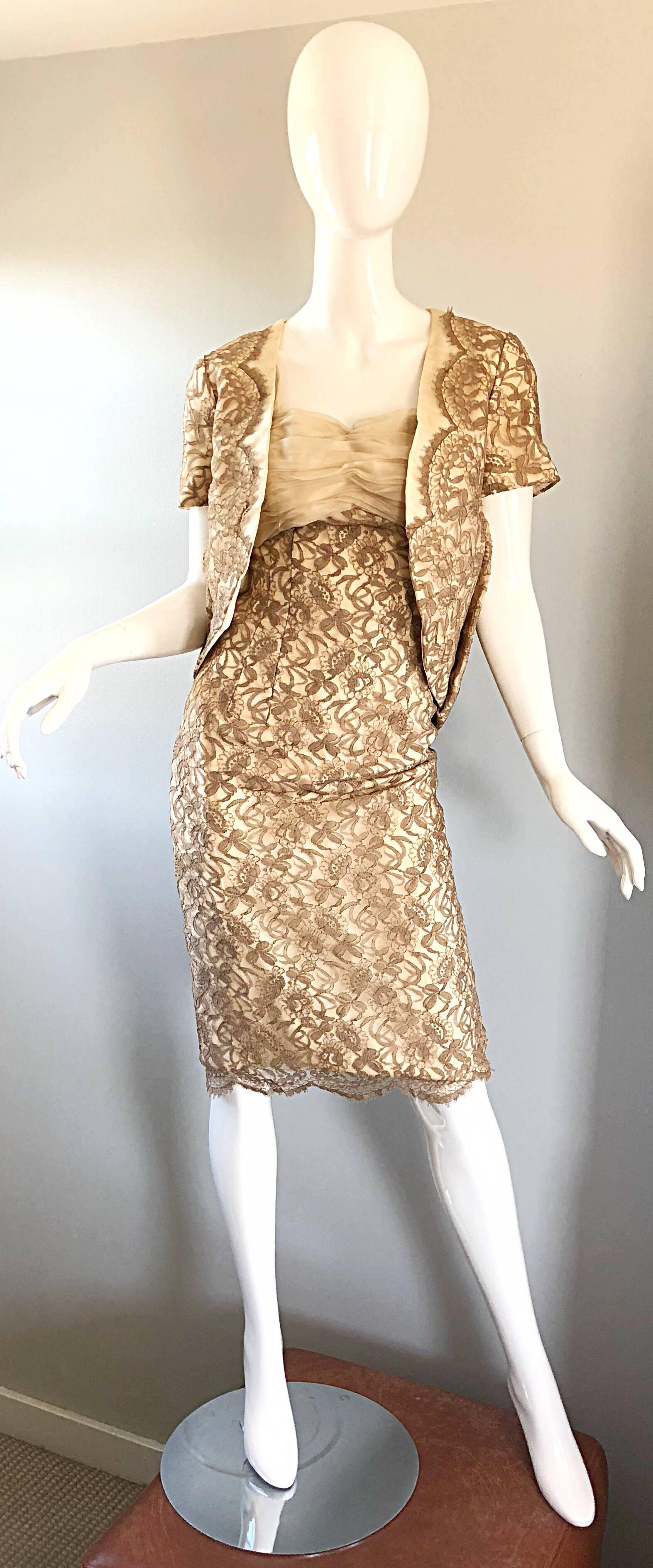 Sensational 1950s Demi Couture Nude Taupe Tan French Lace 50s Dress + Bolero For Sale 2