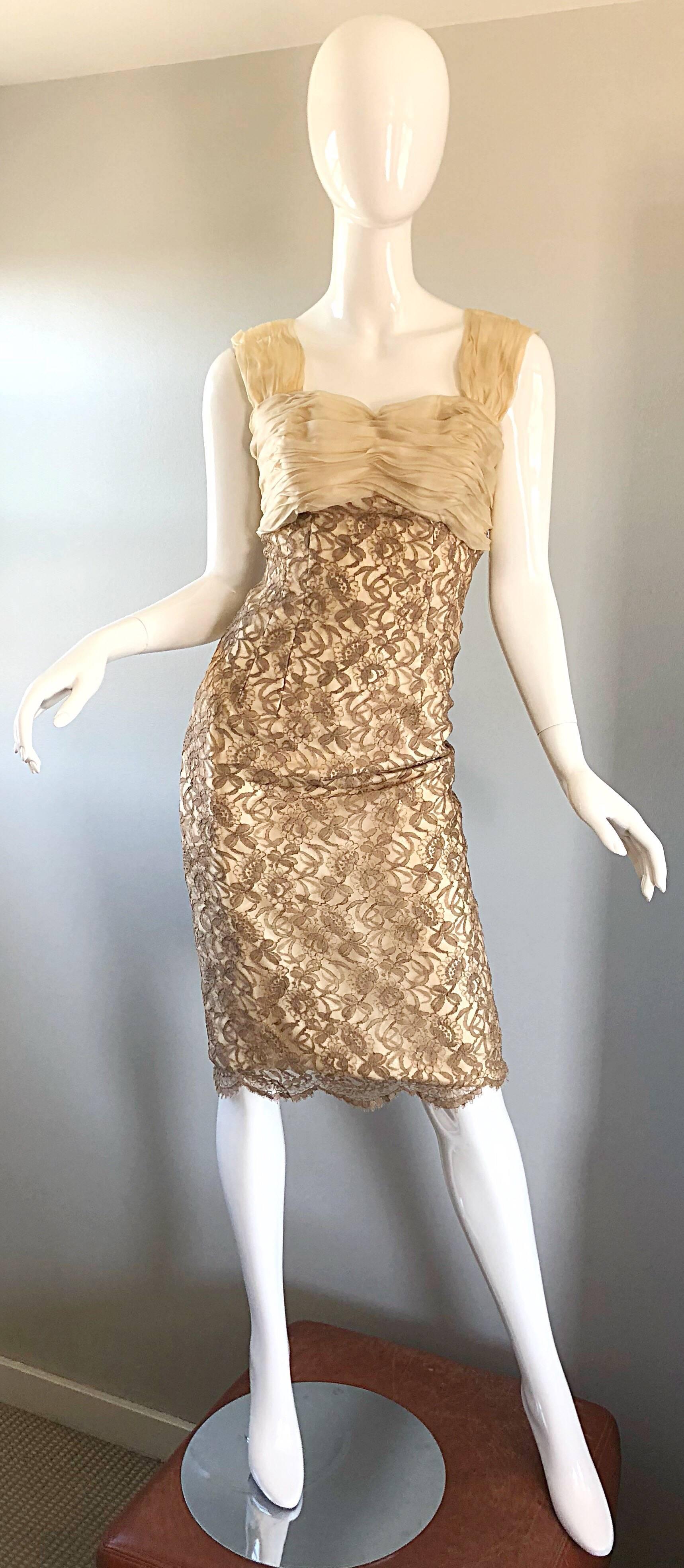 Sensational vintage 1950s demi couture nude French lace dress AND cropped short sleeve bolero jacket! Nearly completely hand sewn, this drop dead beauty features so much detail! Ruched taupe silk chiffon bodice, with a flattering form fitting taupe