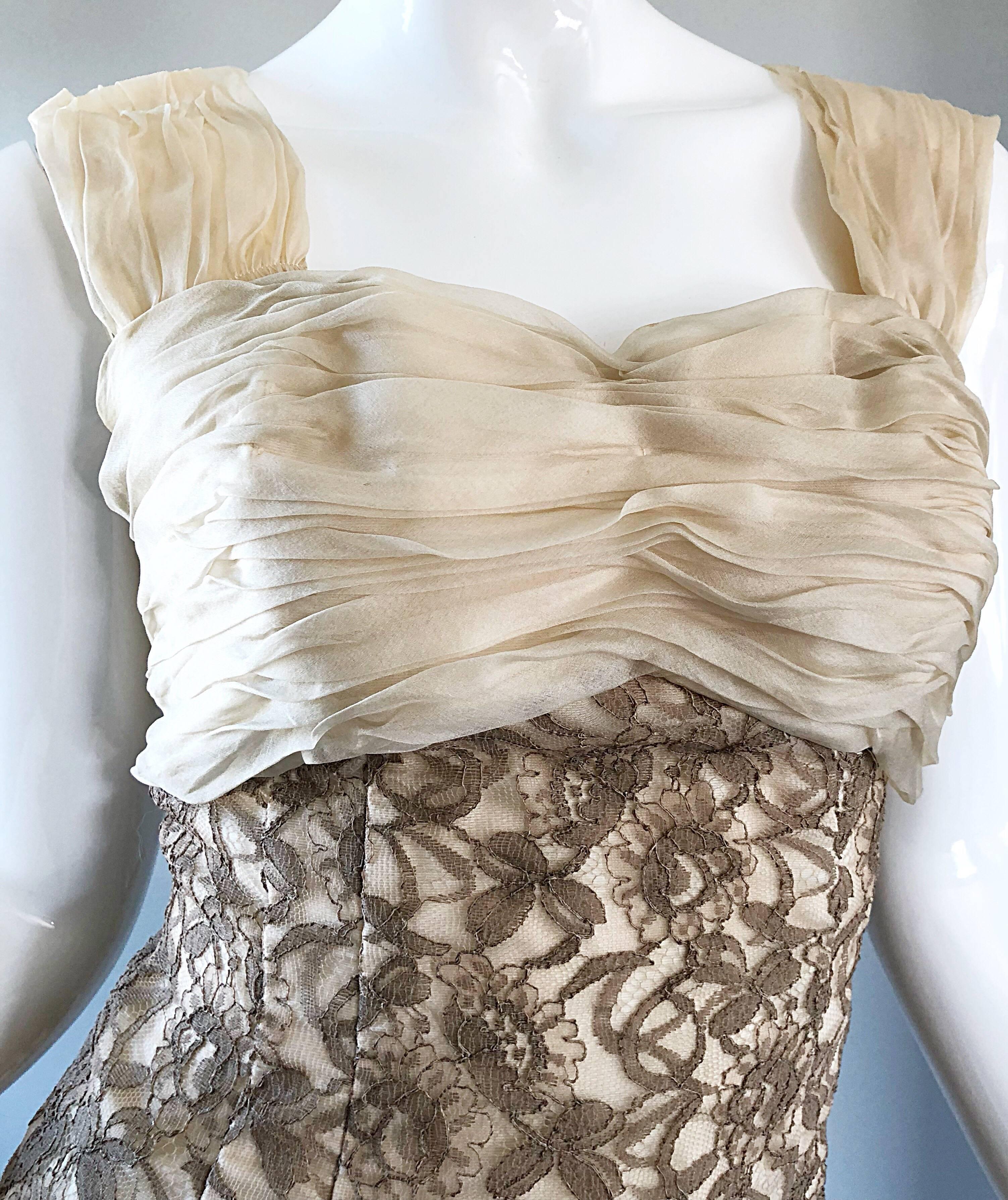 Abstraktes 1950er Demi Couture Nude Taupe Tan Französische Spitze 50er Jahre Kleid + Bolero im Zustand „Hervorragend“ im Angebot in San Diego, CA