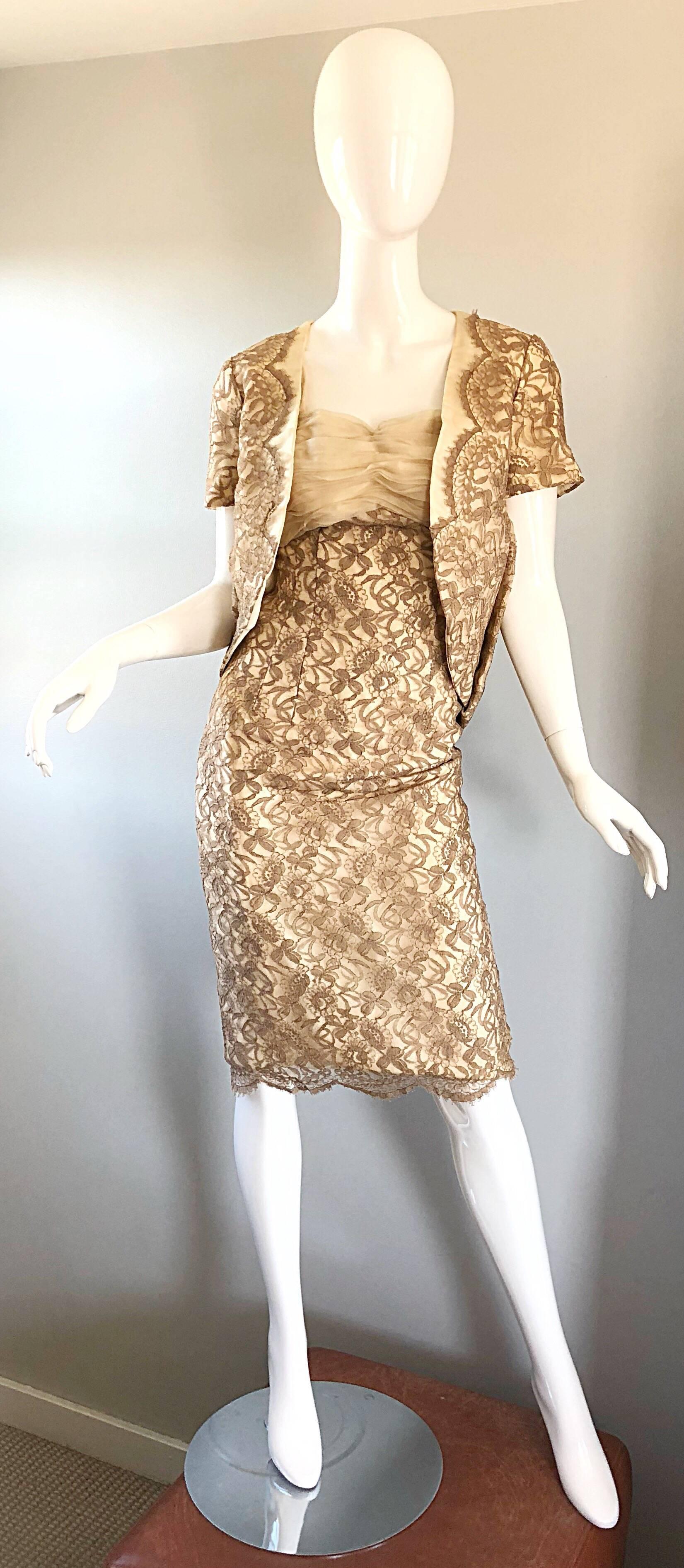 Brown Sensational 1950s Demi Couture Nude Taupe Tan French Lace 50s Dress + Bolero For Sale