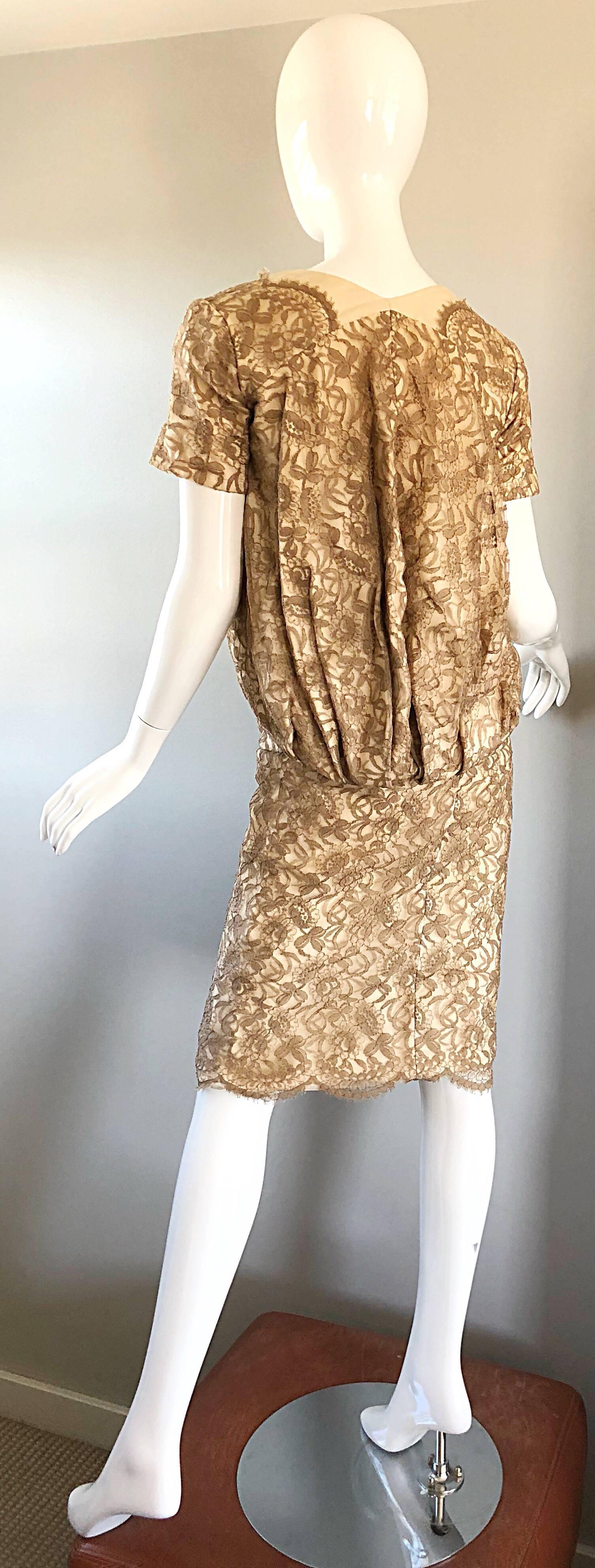 Sensational 1950s Demi Couture Nude Taupe Tan French Lace 50s Dress + Bolero In Excellent Condition For Sale In San Diego, CA