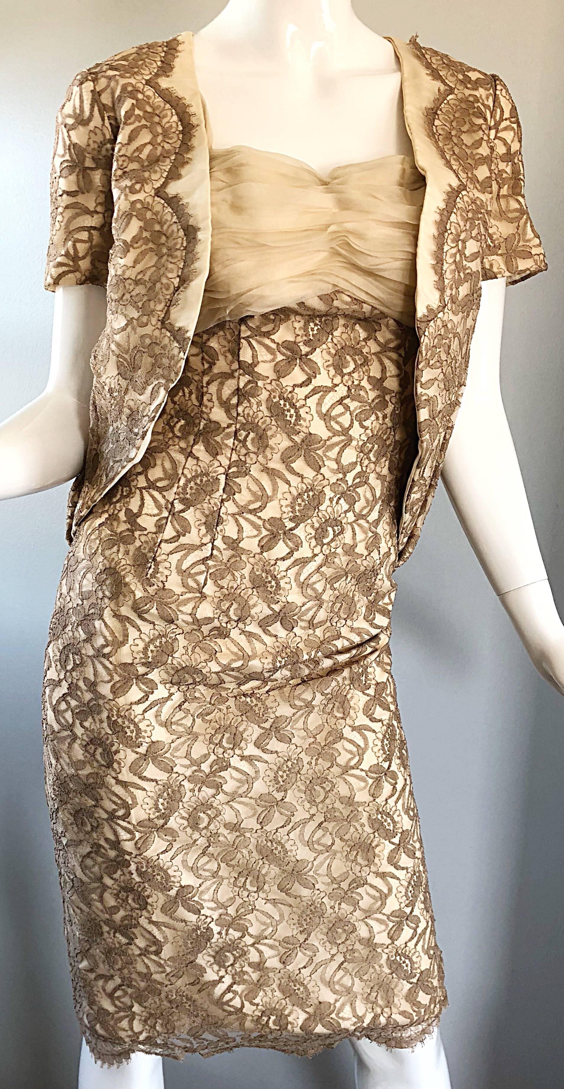 Women's Sensational 1950s Demi Couture Nude Taupe Tan French Lace 50s Dress + Bolero For Sale
