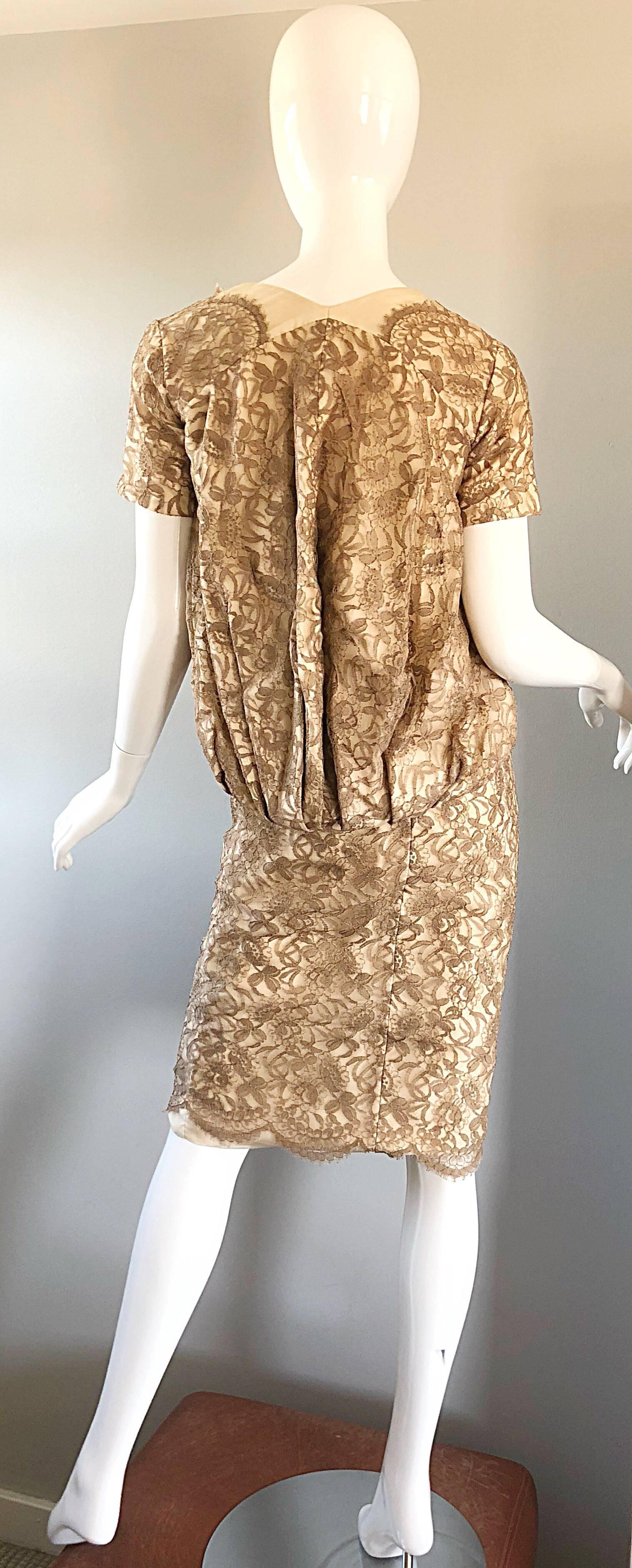 Sensational 1950s Demi Couture Nude Taupe Tan French Lace 50s Dress + Bolero For Sale 1