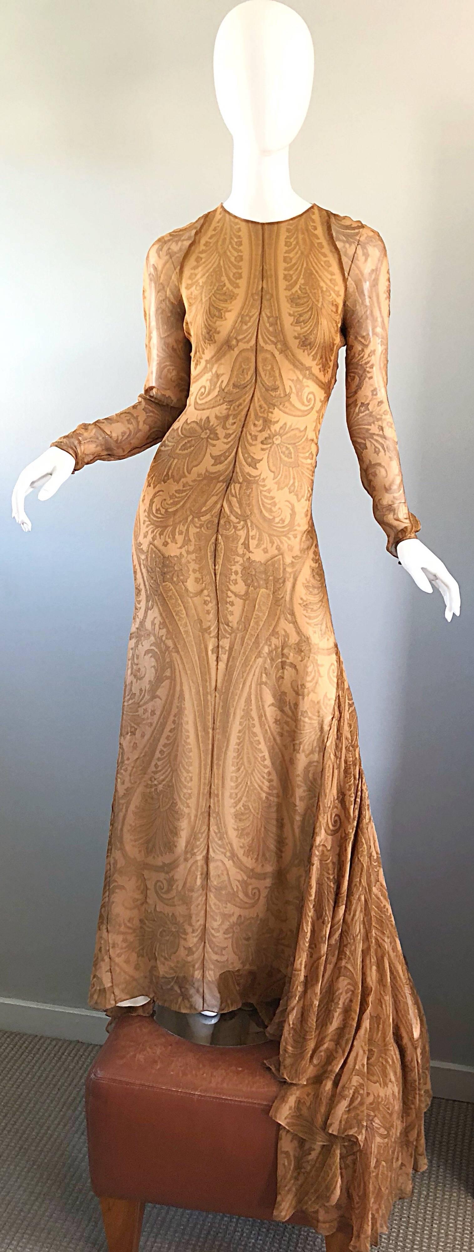 Sensational 1990s Bill Blass Couture Nude Silk Chiffon Paisley Vintage 90s Gown  For Sale 11