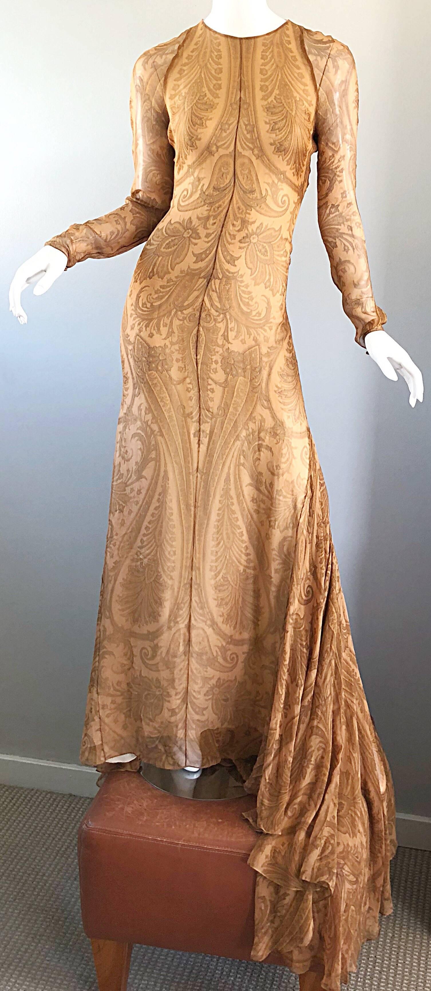 Sensational vintage late 90s BILL BLASS couture nude silk chiffon paisley print full length evening dress with dramatic train! This is an original sample, and is incredibly well made! Regal paisley print throughout, with semi sheer long sleek