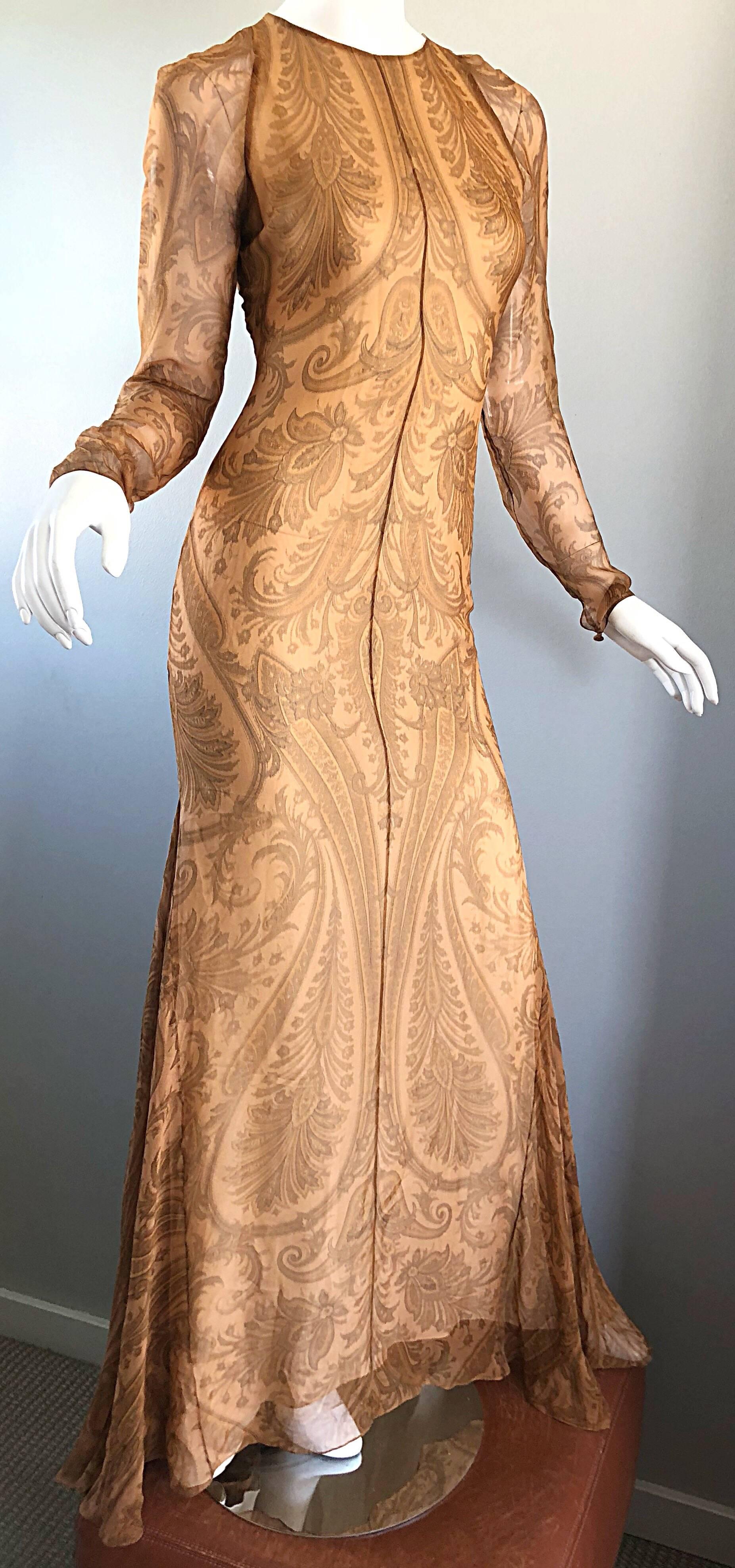 Brown Sensational 1990s Bill Blass Couture Nude Silk Chiffon Paisley Vintage 90s Gown  For Sale