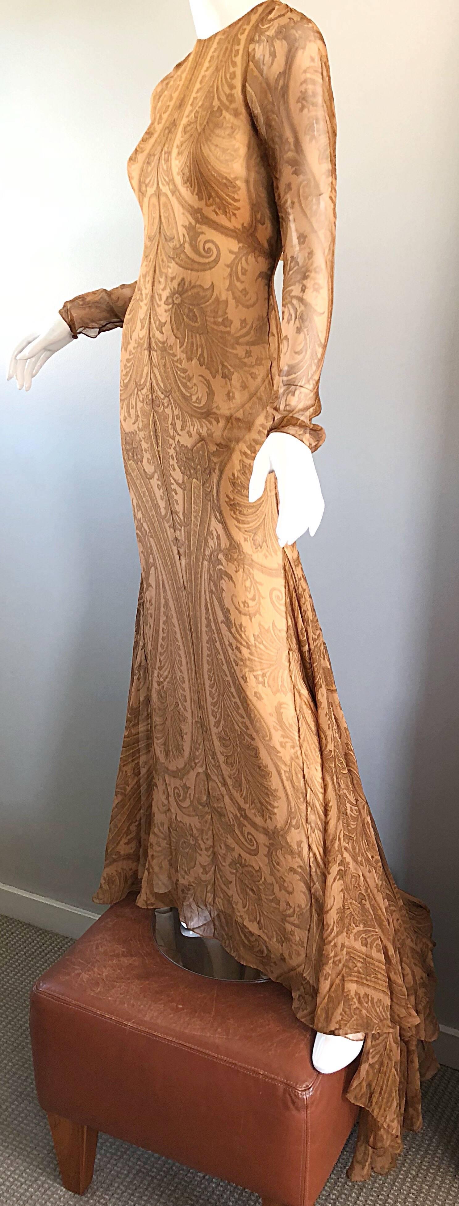 Sensational 1990s Bill Blass Couture Nude Silk Chiffon Paisley Vintage 90s Gown  For Sale 1