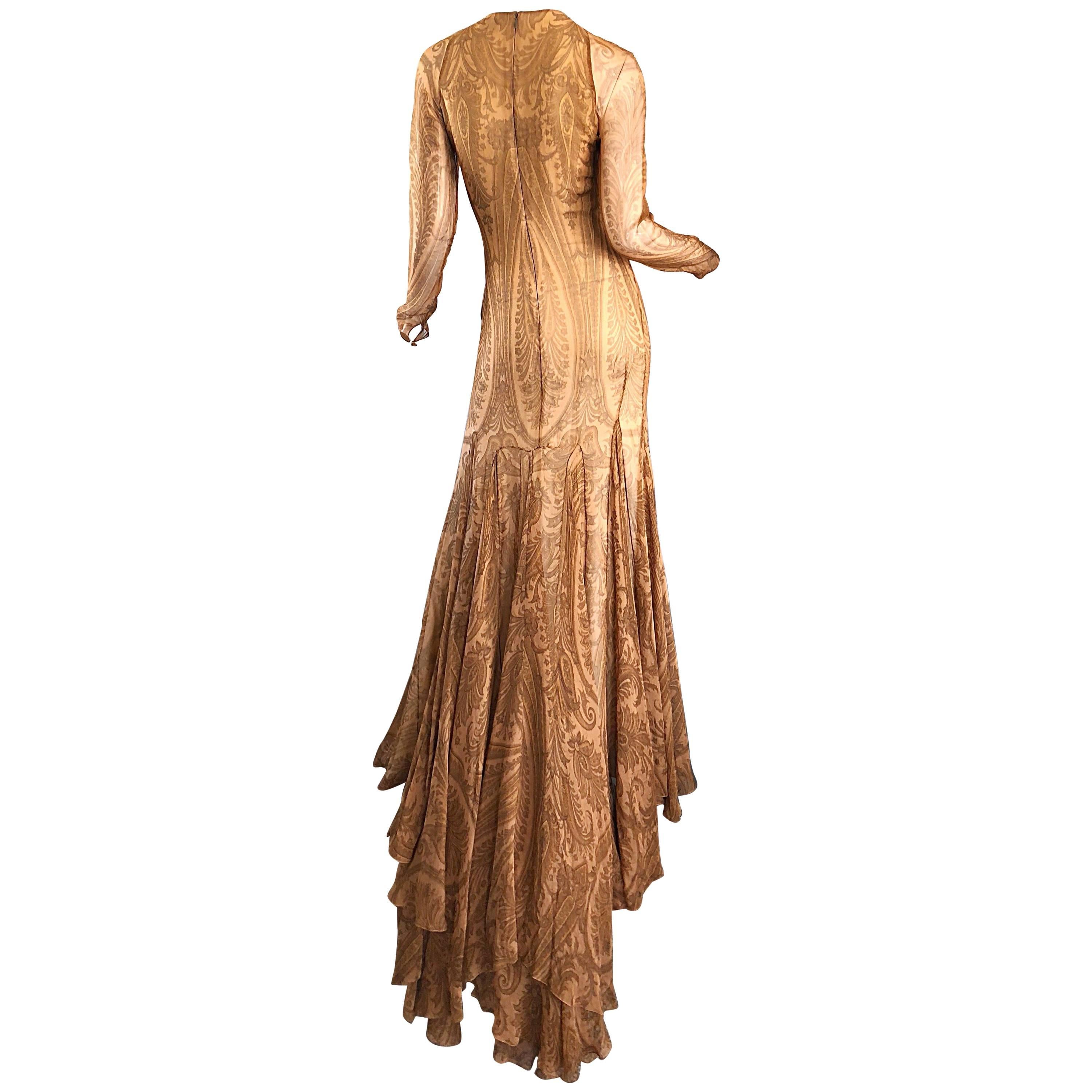 Sensazionale abito anni '90 Bill Blass Couture in chiffon di seta nuda e paisley