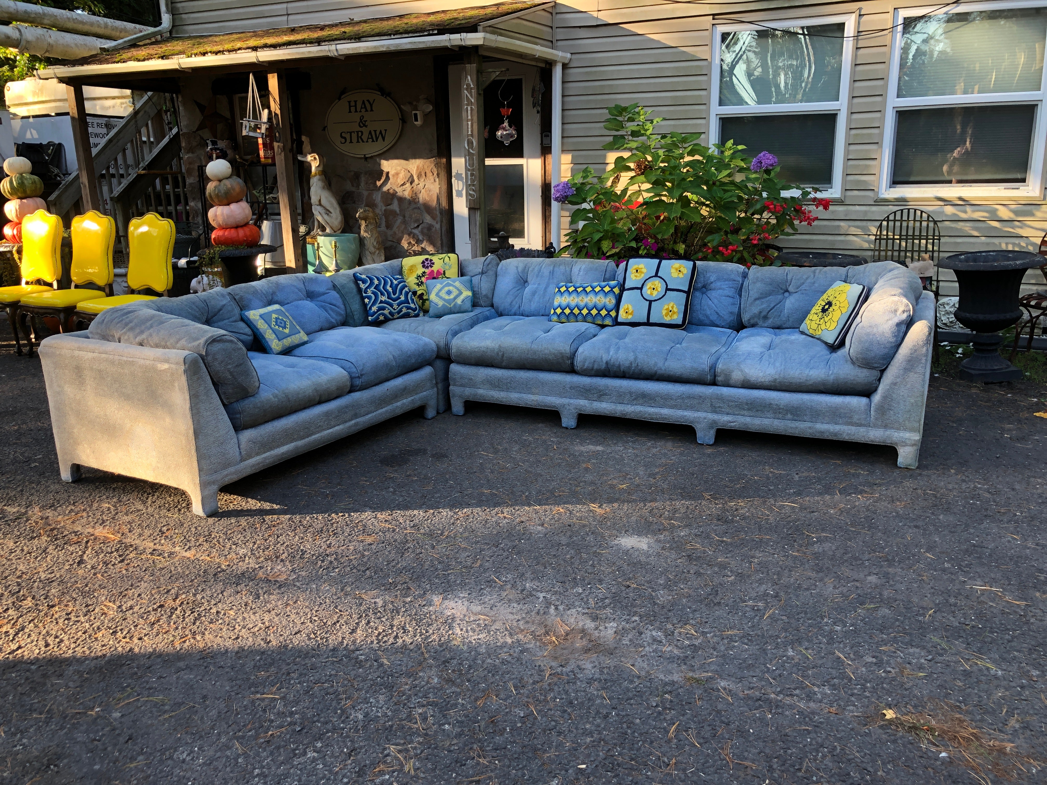 Sensational 3 piece Milo Baughman style sectional sofa made by Century Furniture Company.  The original light blue upholstery does show some light soil to cushion tops and seat cushions but could be steam cleaned and used as is, but as always with