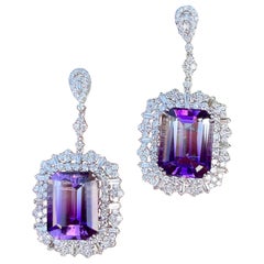 Sensational 34.63 Carat Bi-Color Amethyst and Diamond 18K White Gold Earrings
