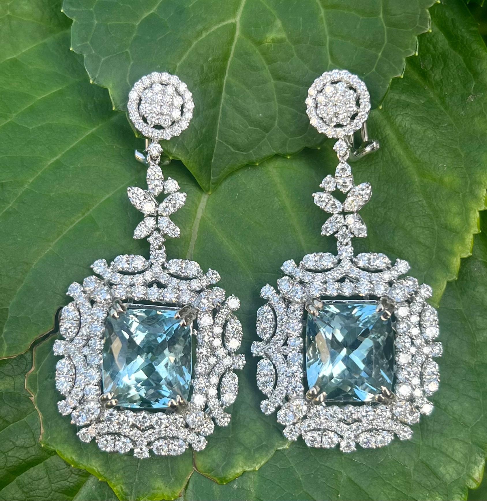Sensational 37 Carat Aquamarine and Diamond 18 Karat White Gold Drop Earrings In Excellent Condition In Tustin, CA