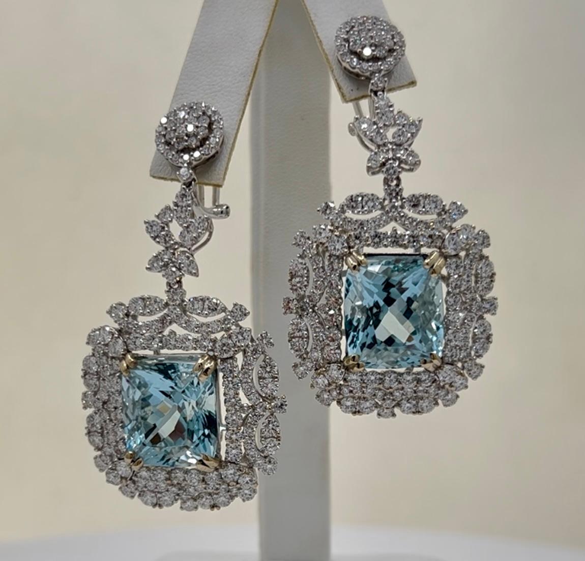 Women's Sensational 37 Carat Aquamarine and Diamond 18 Karat White Gold Drop Earrings