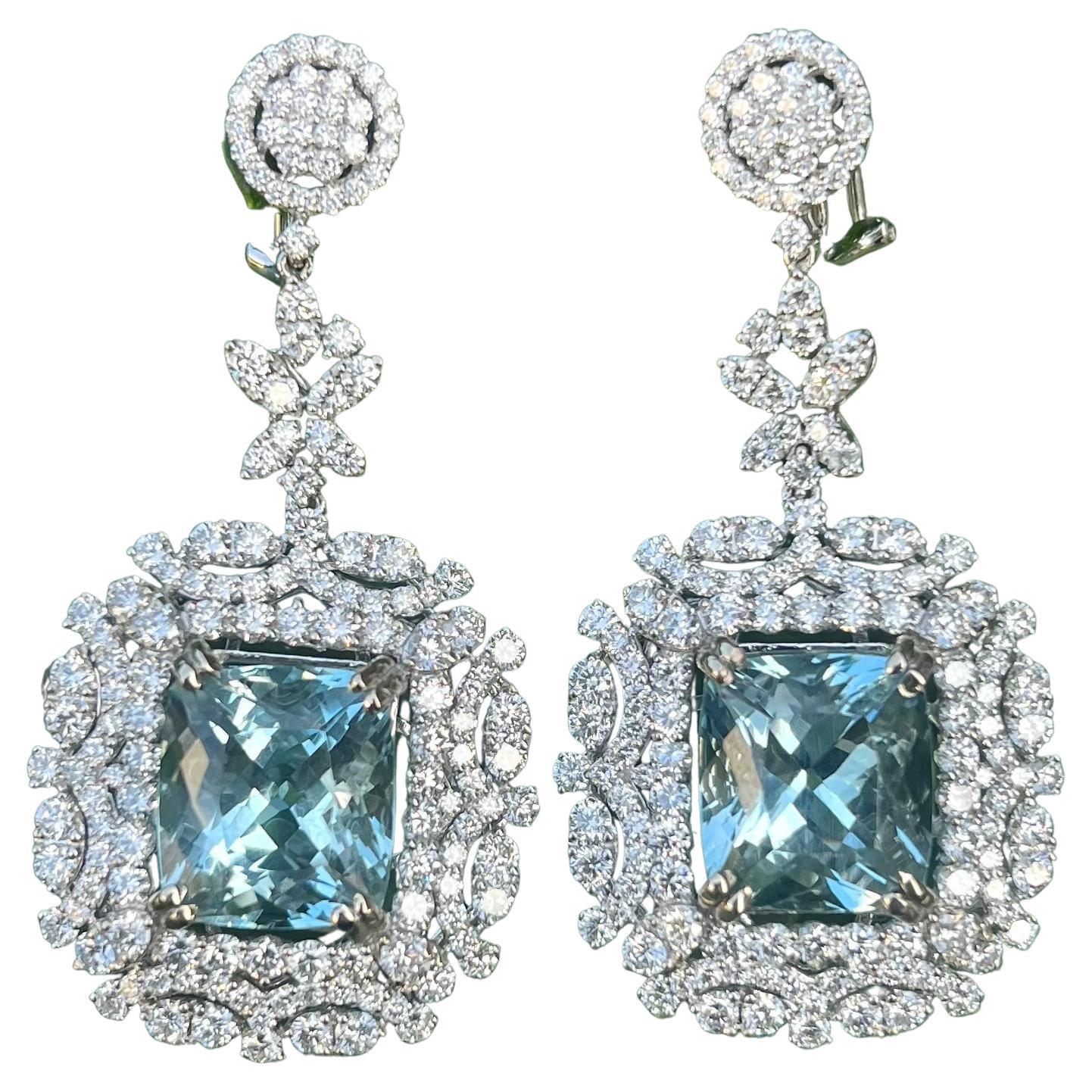Sensational 37 Carat Aquamarine and Diamond 18 Karat White Gold Drop Earrings