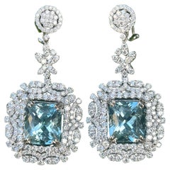 Sensational 37 Carat Aquamarine and Diamond 18 Karat White Gold Drop Earrings