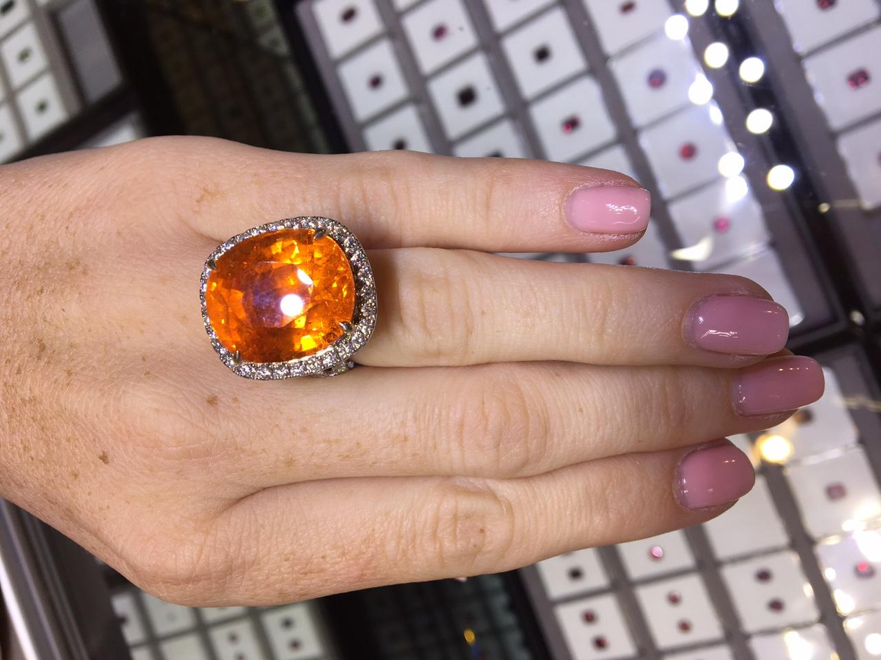 Women's Sensational 37.75 Carat Cushion Cut Mandarin Garnet Diamond Ring For Sale