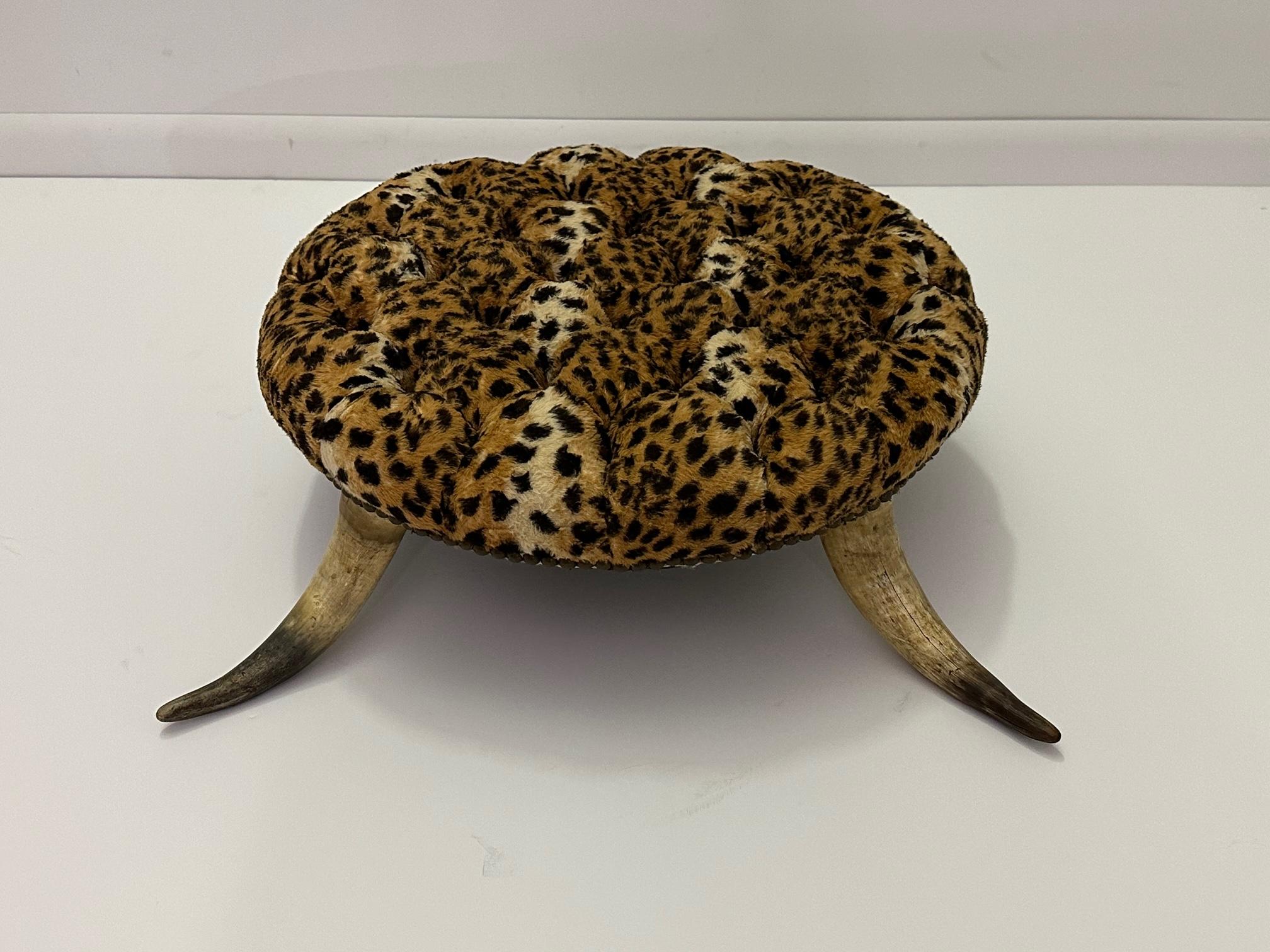 19th Century Sensational Anique Round Tufted Faux Leopard Stool with Horn Legs
