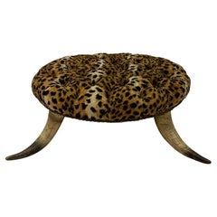 Antique Sensational Anique Round Tufted Faux Leopard Stool with Horn Legs