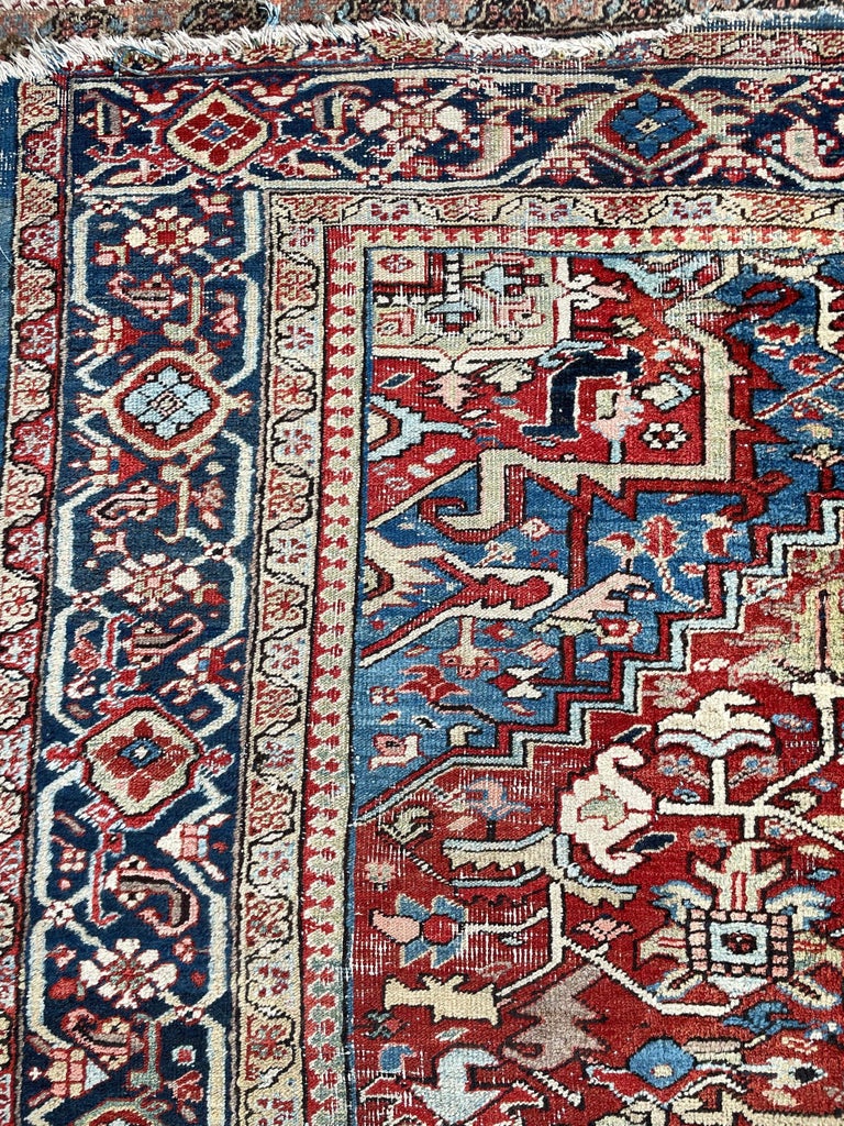 Sensational Antique Rug with Water Blue Corners, Greens, and Corals, c ...