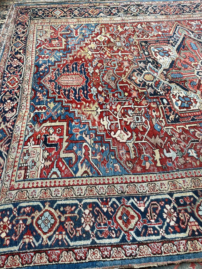 Sensational Antique Rug with Water Blue Corners, Greens, and Corals, c ...