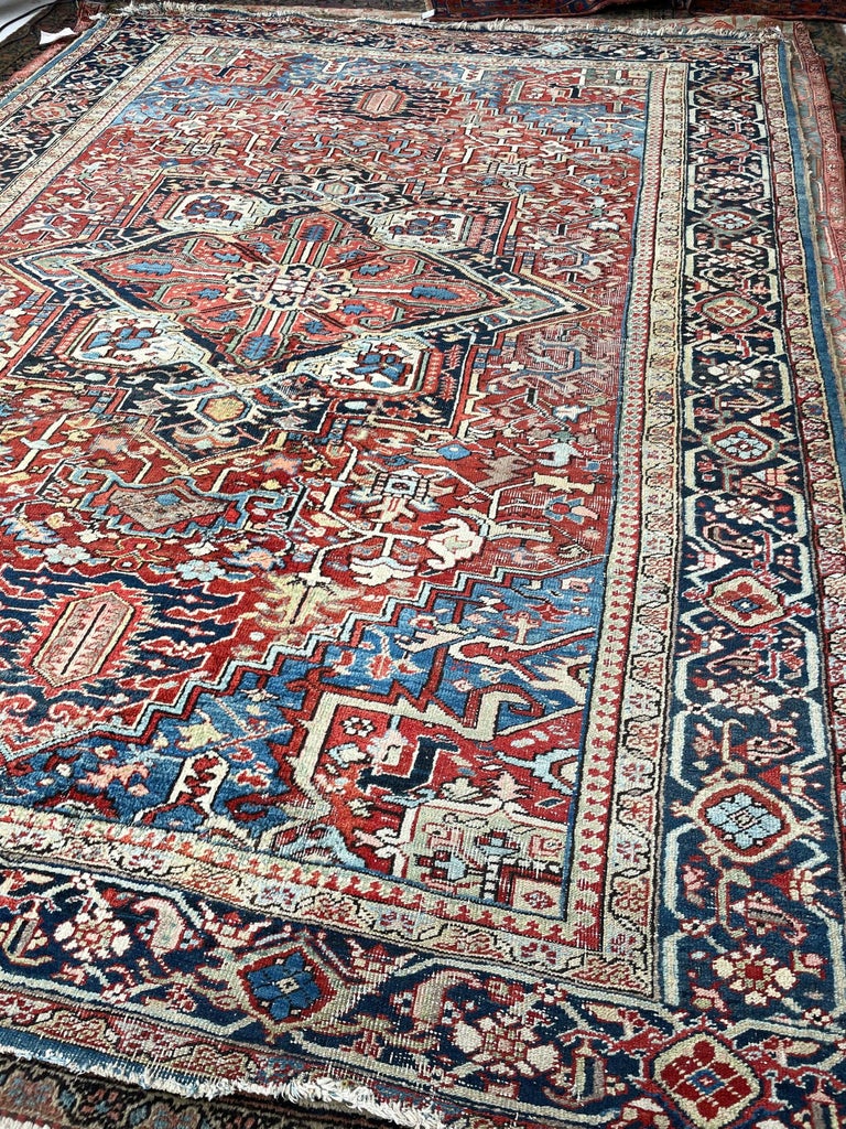 Sensational Antique Rug with Water Blue Corners, Greens, and Corals, c ...