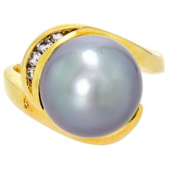 Sensational Black Pearl and Diamond 18 Karat Yellow Gold Cocktail Ring