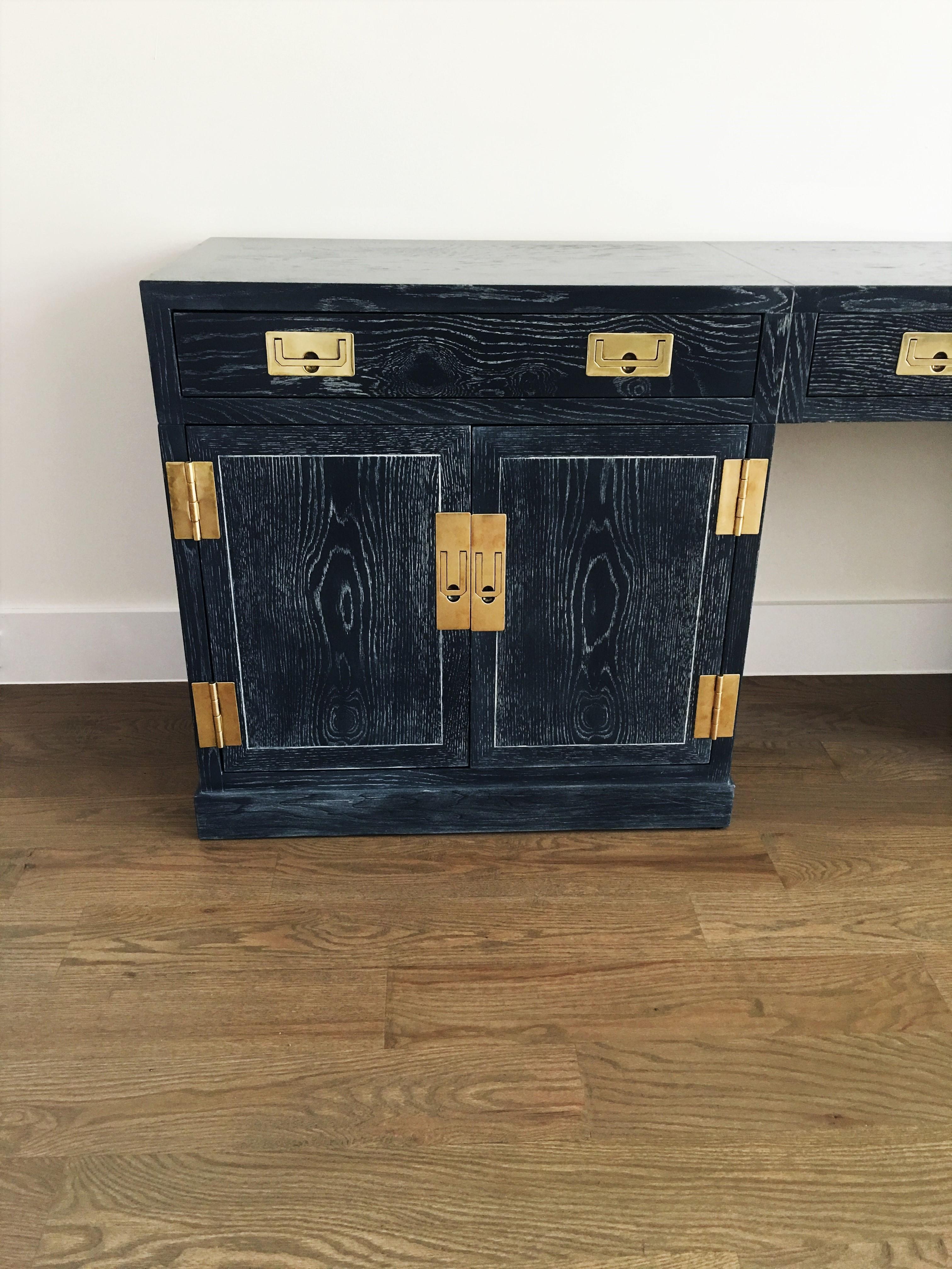Sensational Cerused Oak and Brass Credenza or Desk by Henredon 1