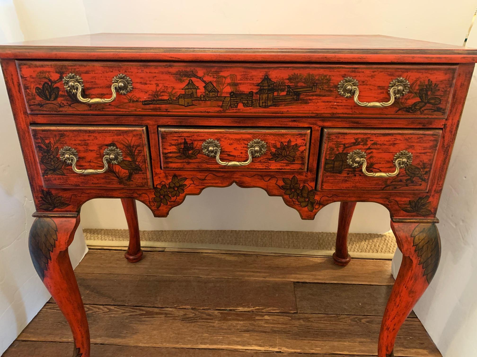 Scully & Scully Red & Gold Chinoiserie Console Sideboard with Drawers 1