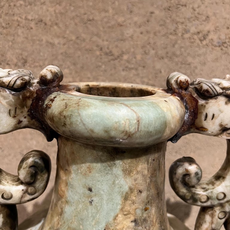 Sensational Chinese Double Dragon Hand Carved Vase Alabaster Stone