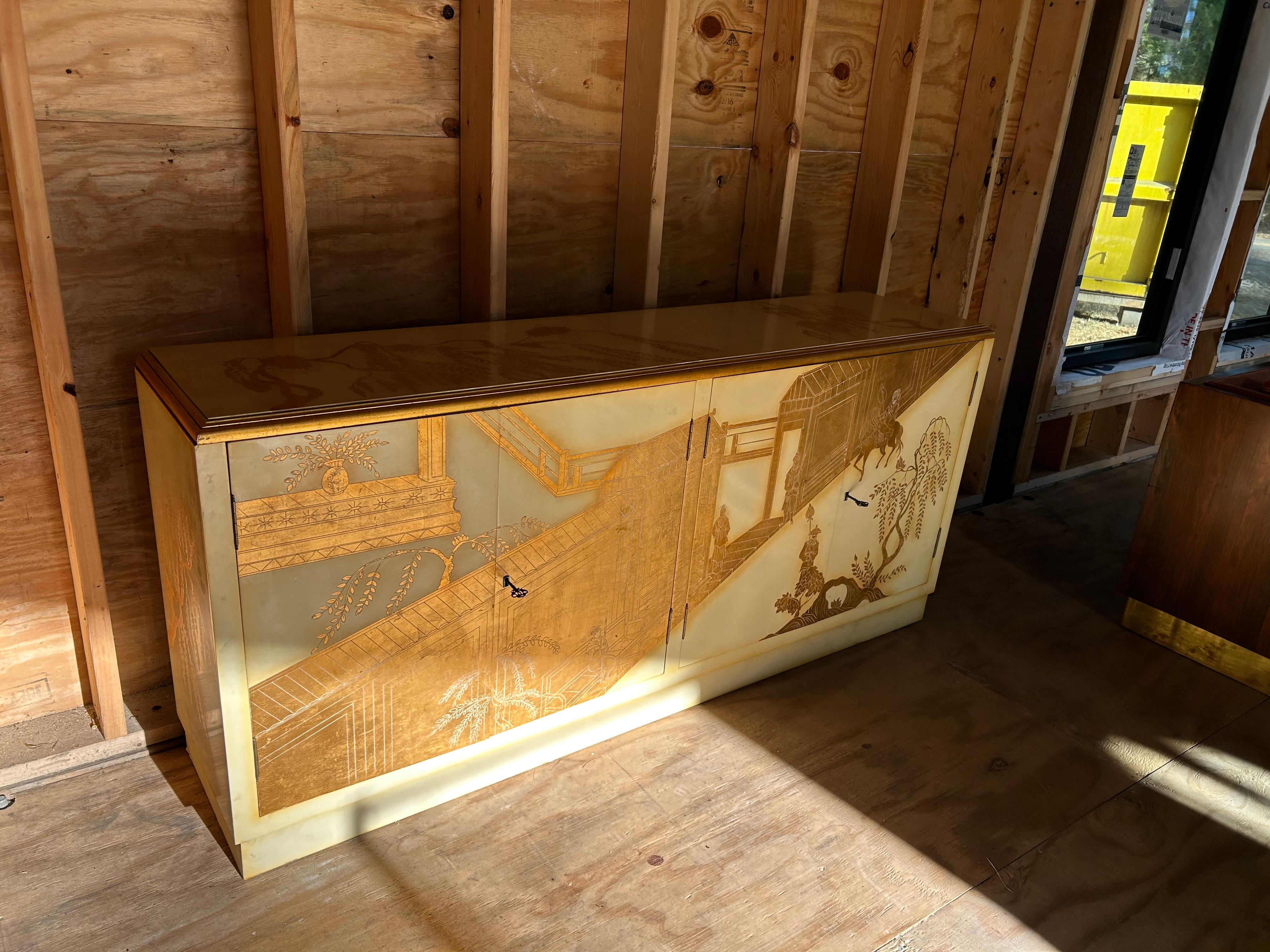 Sensationelle Creme Blattgold Chinoiserie Credenza Kabinett Konsole LaVerne Stil im Angebot 6