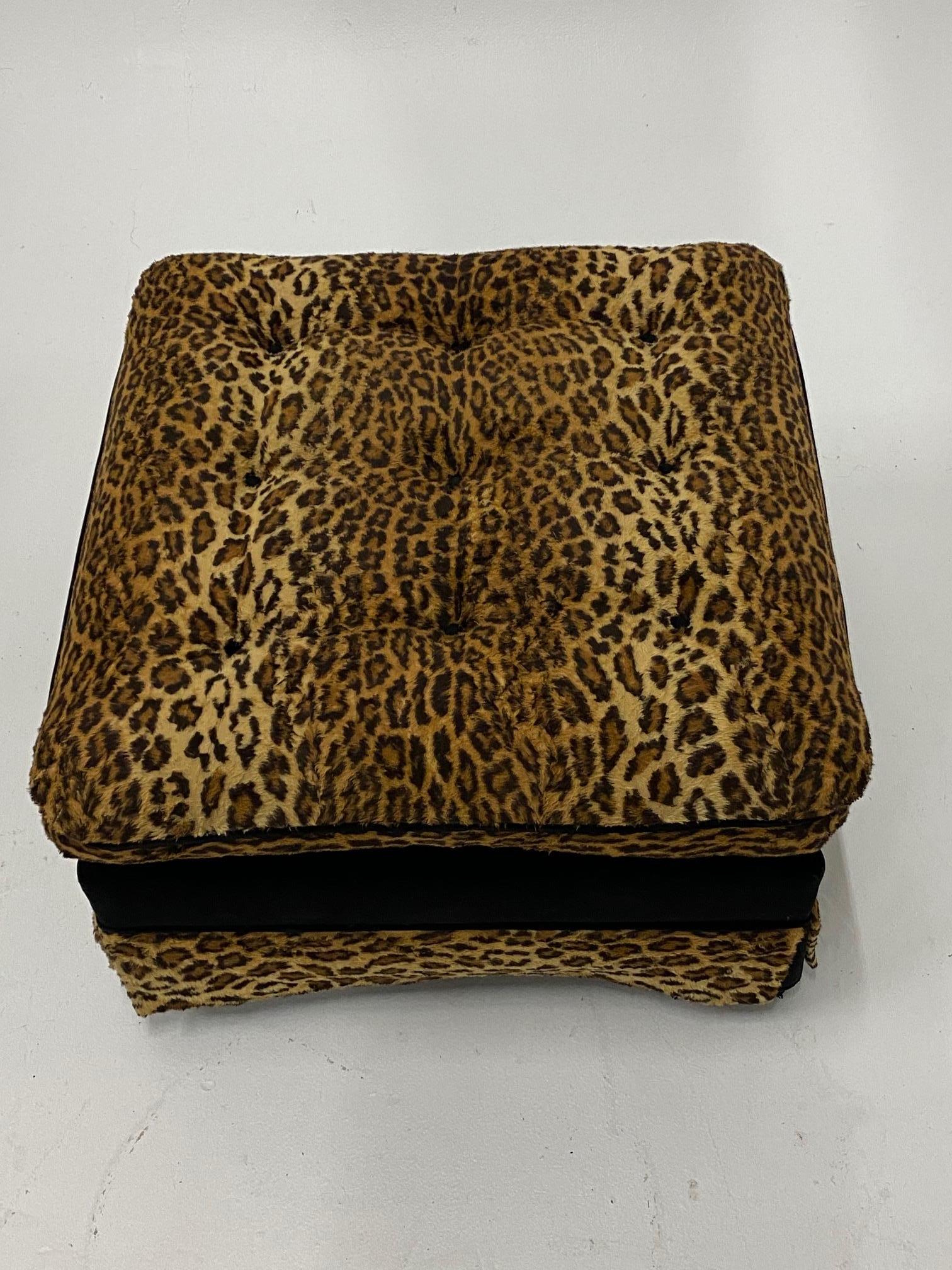 Hollywood Regency Sensational Custom Made Black Cut Velvet and Animal Print Ottoman